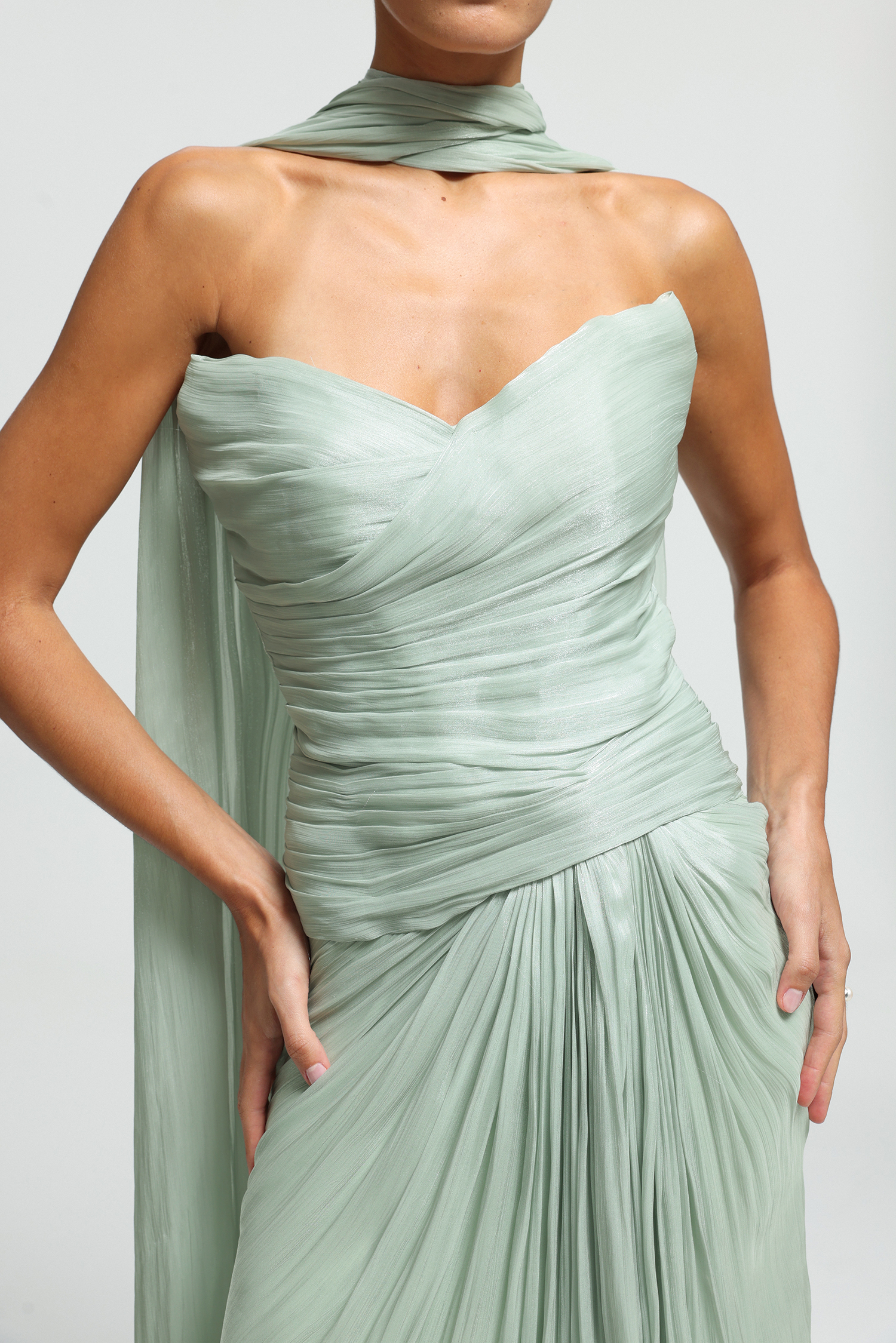 Sweetheart Ruched Flowing-Tie Maxi Dress