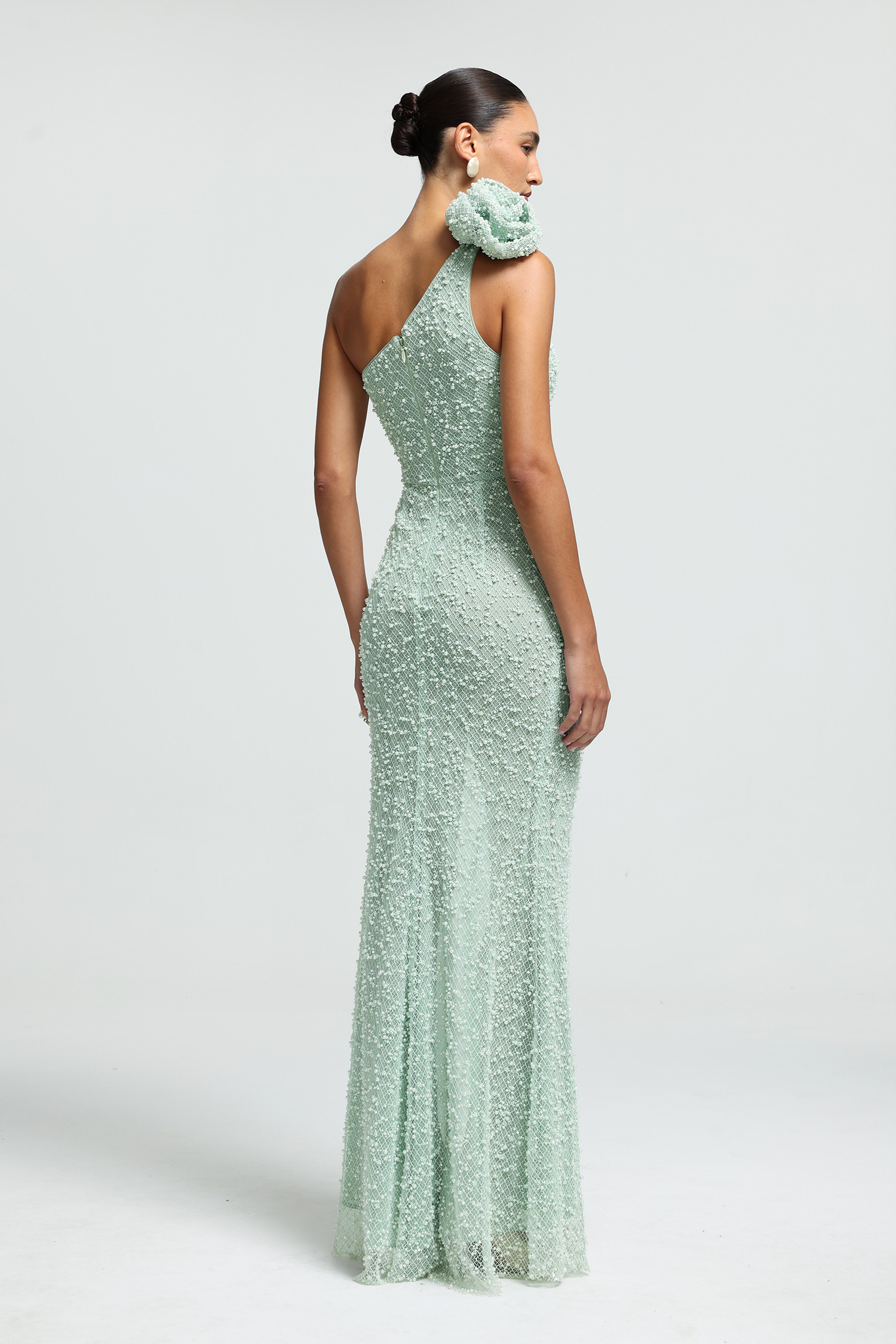 Floral One-Shoulder Beaded Maxi Dress