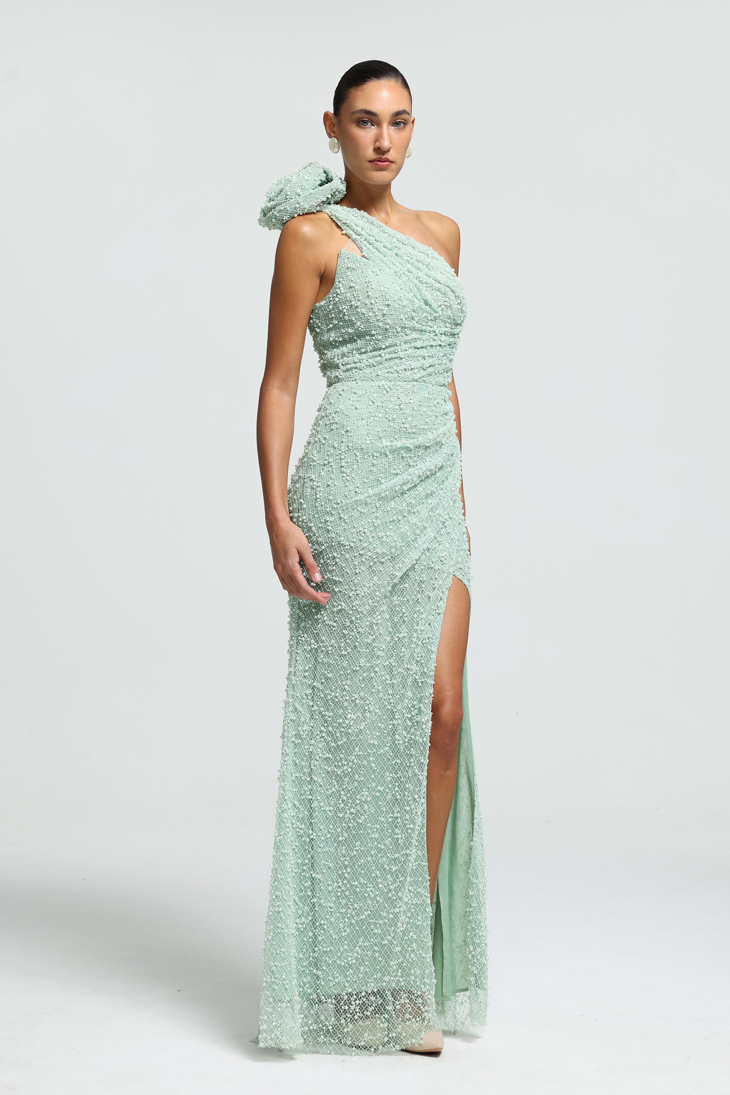 Floral One-Shoulder Beaded Maxi Dress