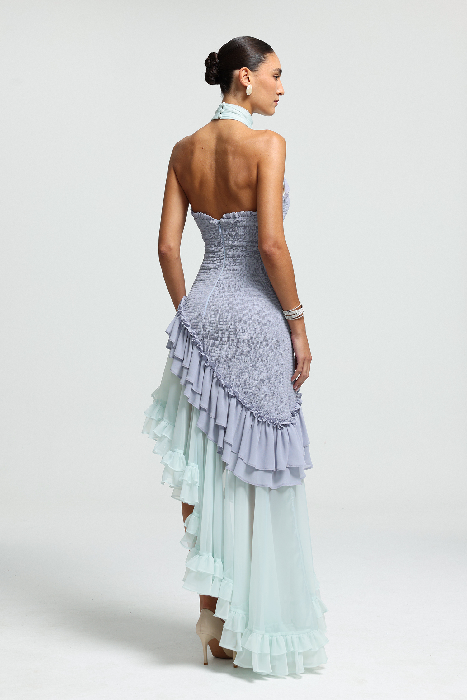 Ethereal Cascade Halter Ruffle Dress