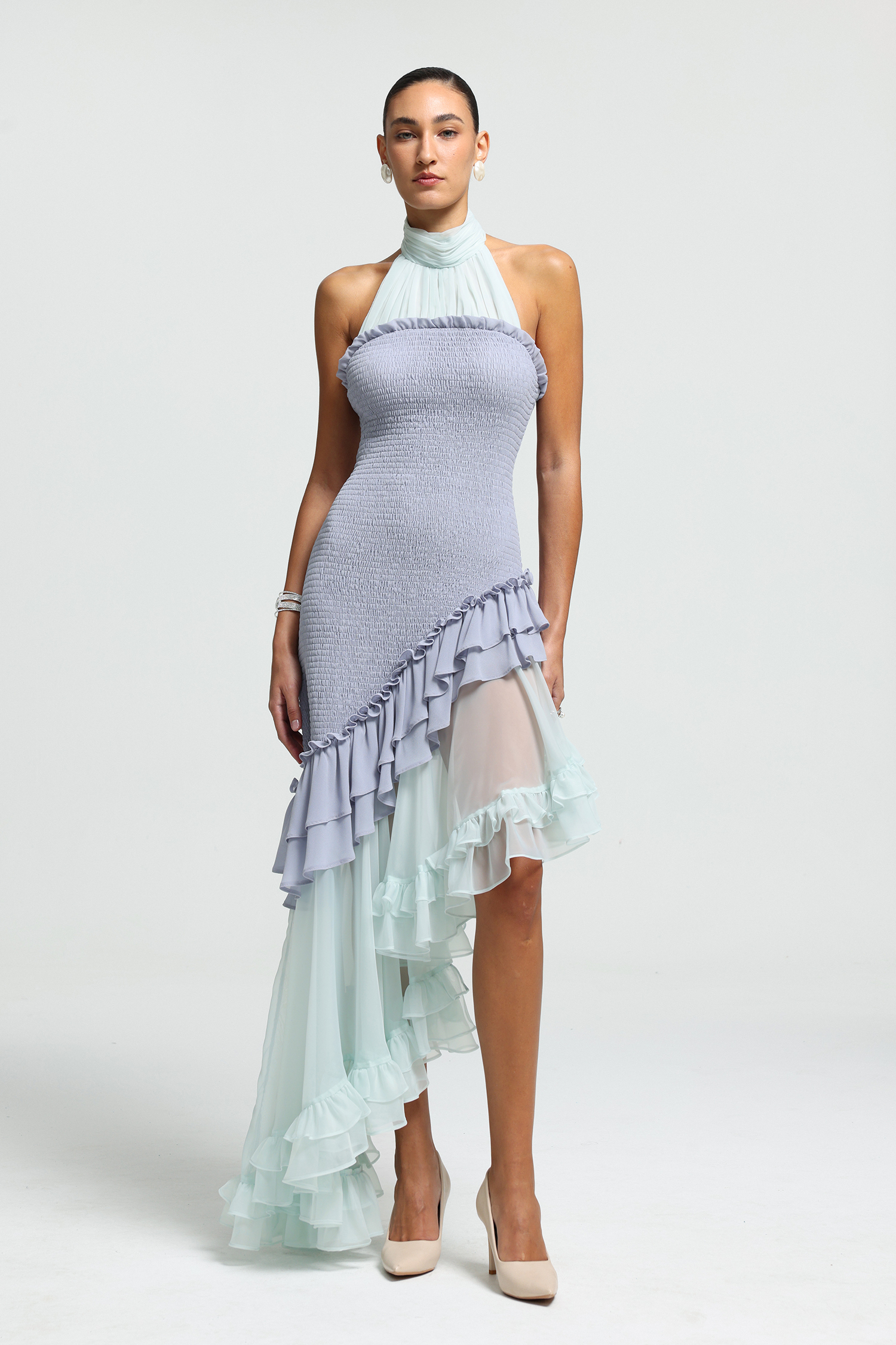 Ethereal Cascade Halter Ruffle Dress