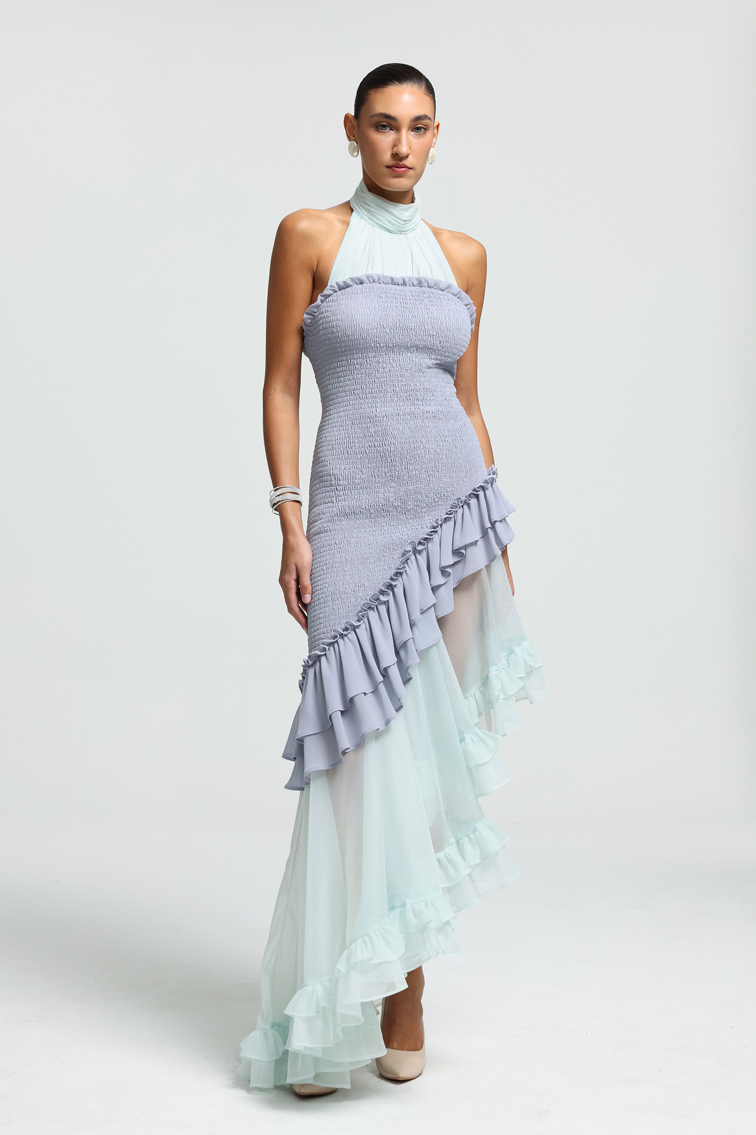 Ethereal Cascade Halter Ruffle Dress