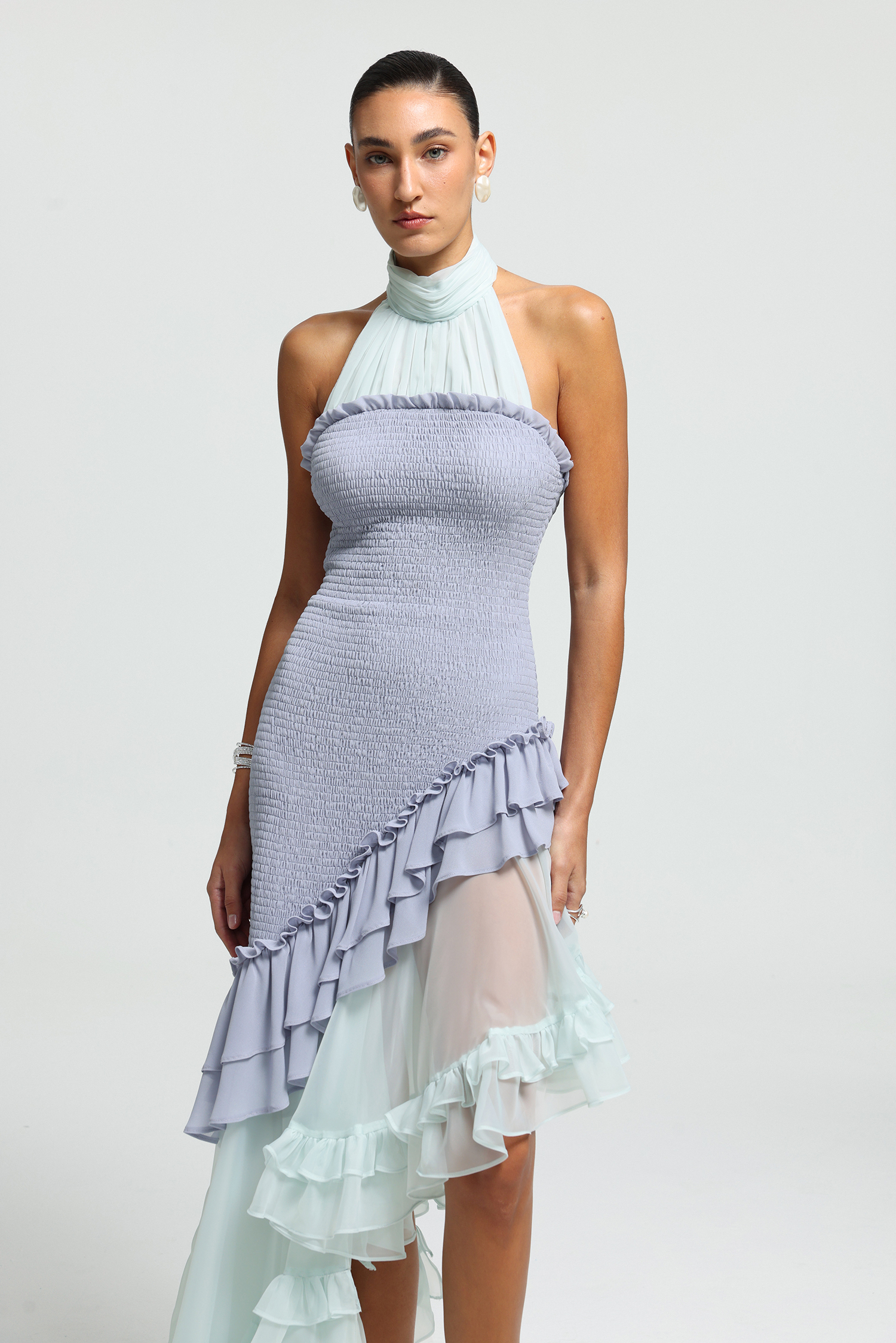 Ethereal Cascade Halter Ruffle Dress