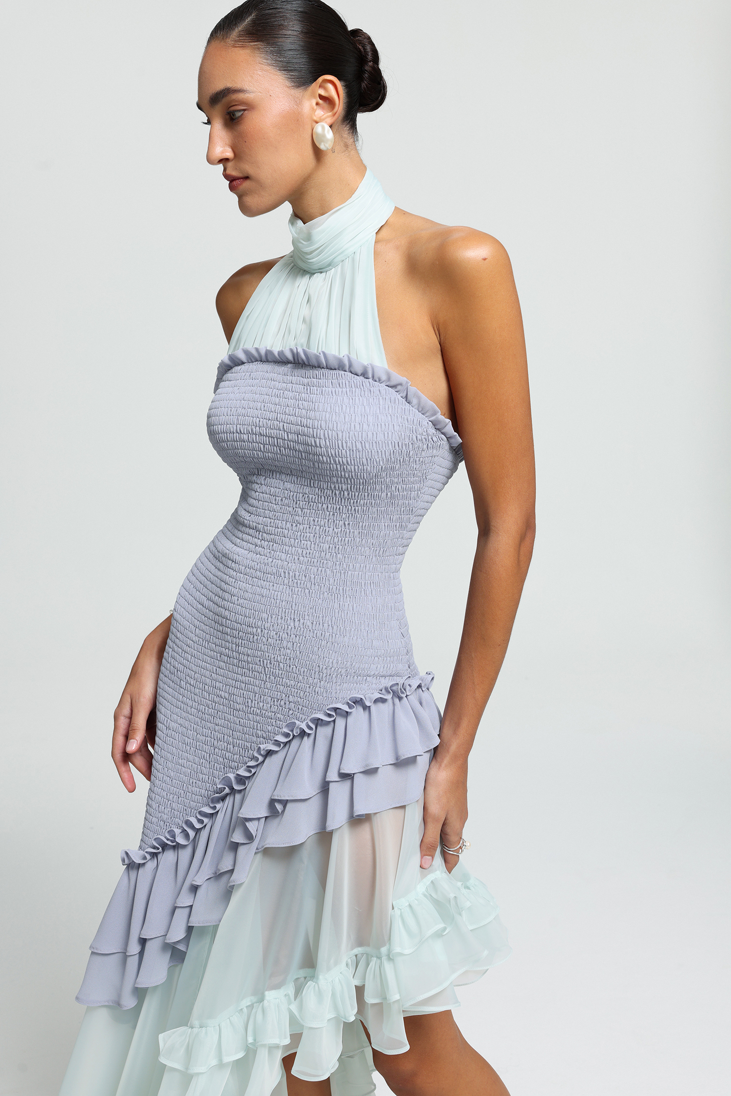 Ethereal Cascade Halter Ruffle Dress
