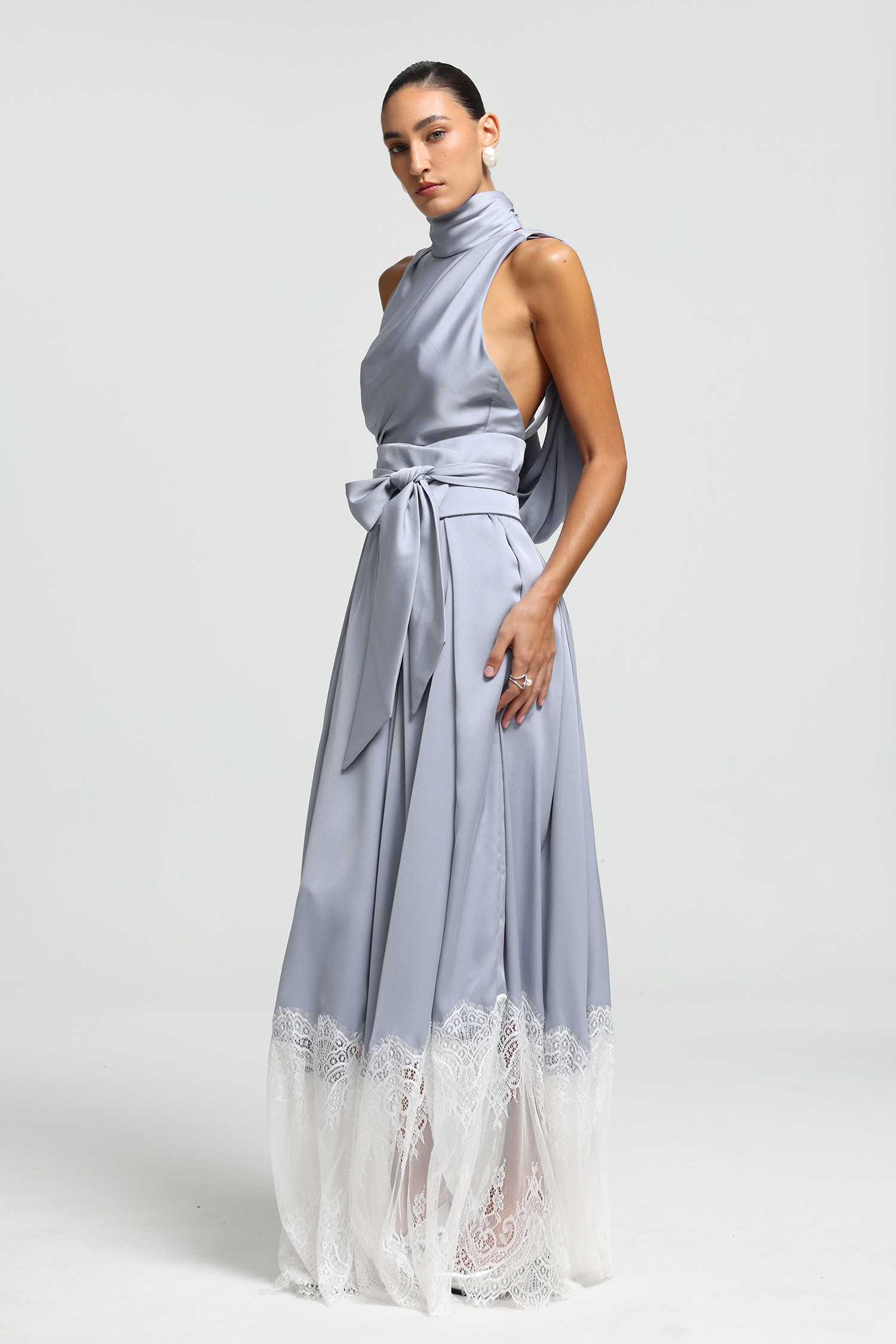 High Neck Cowl-Back Maxi Dress
