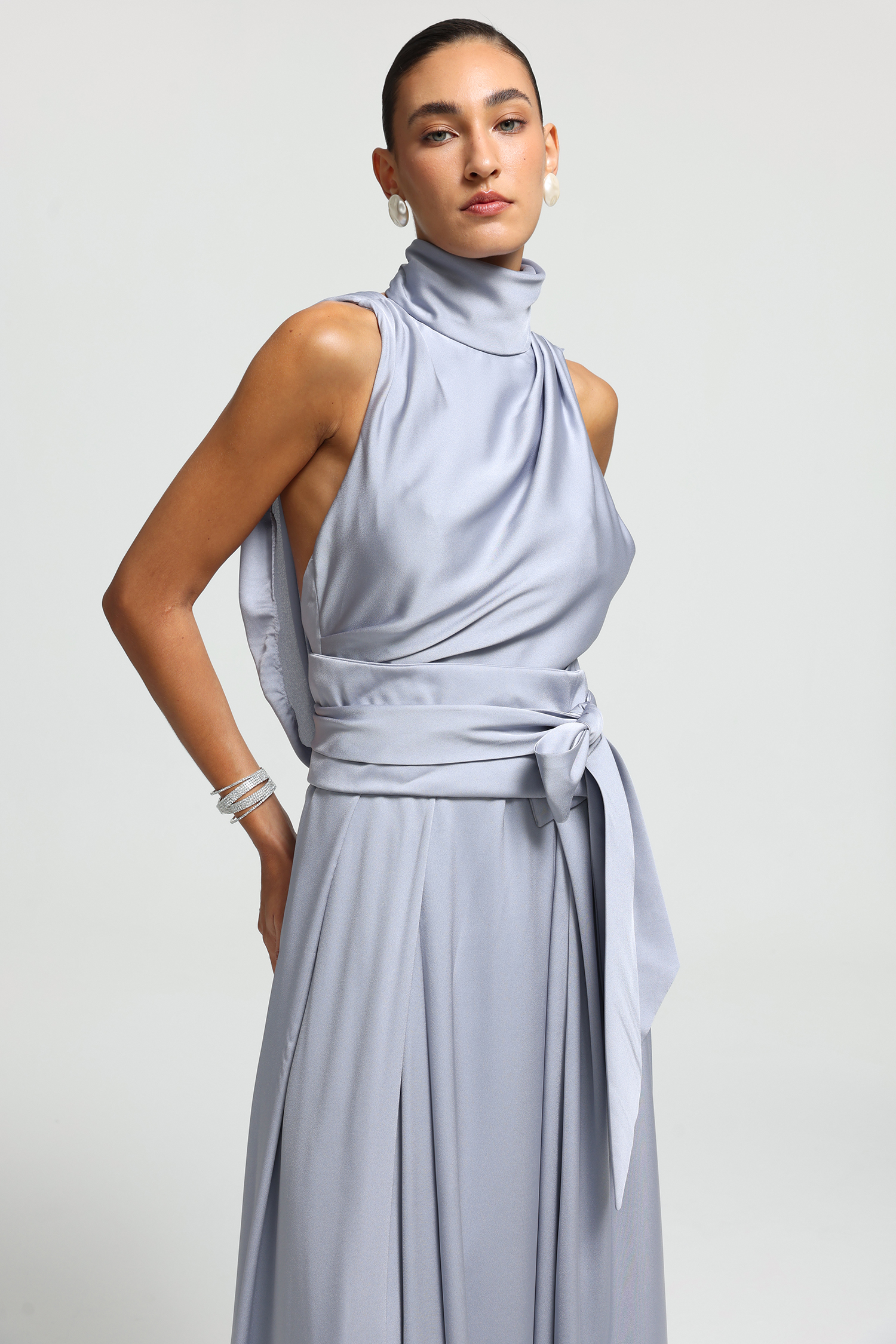 High Neck Cowl-Back Maxi Dress