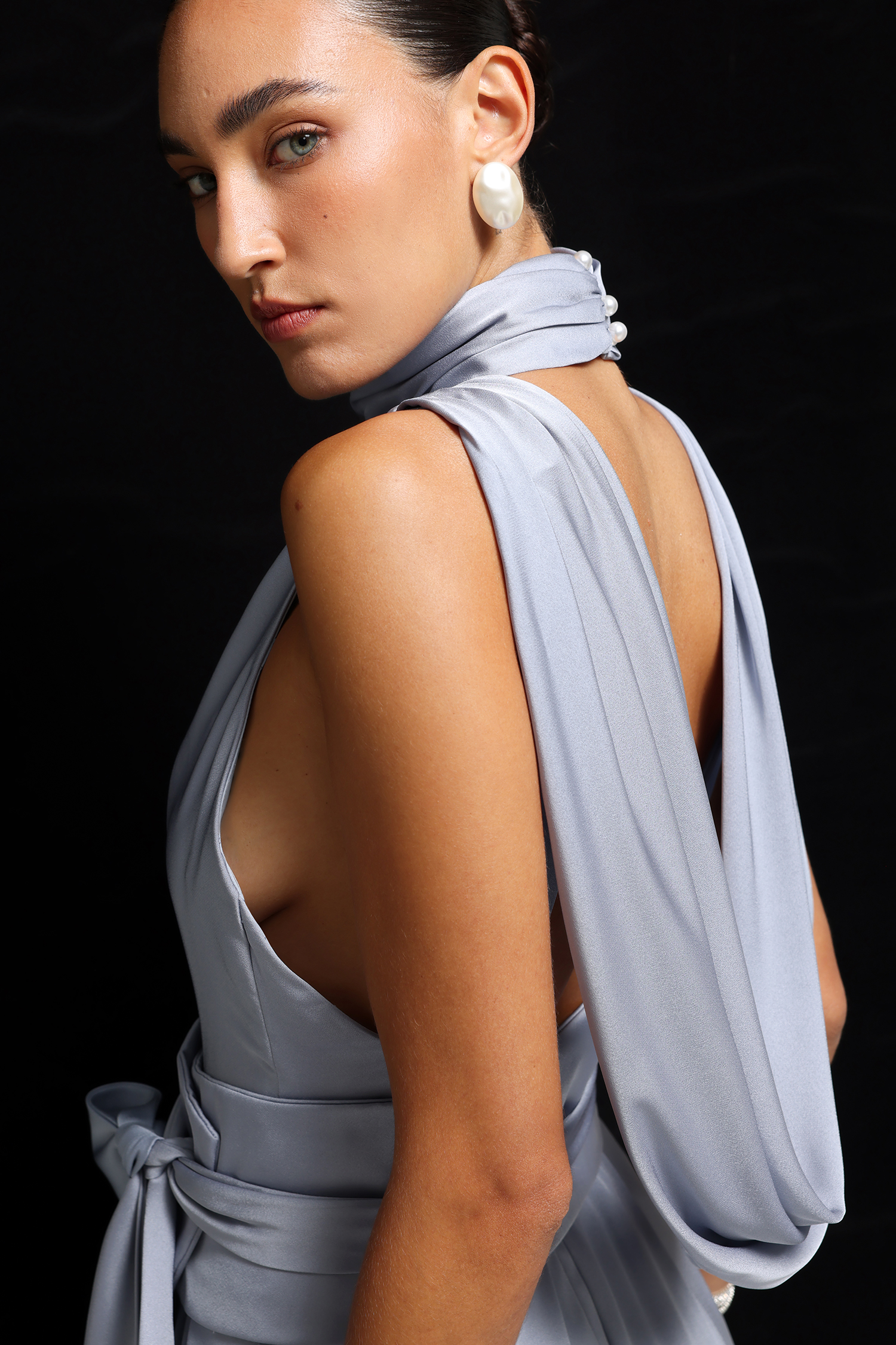High Neck Cowl-Back Maxi Dress