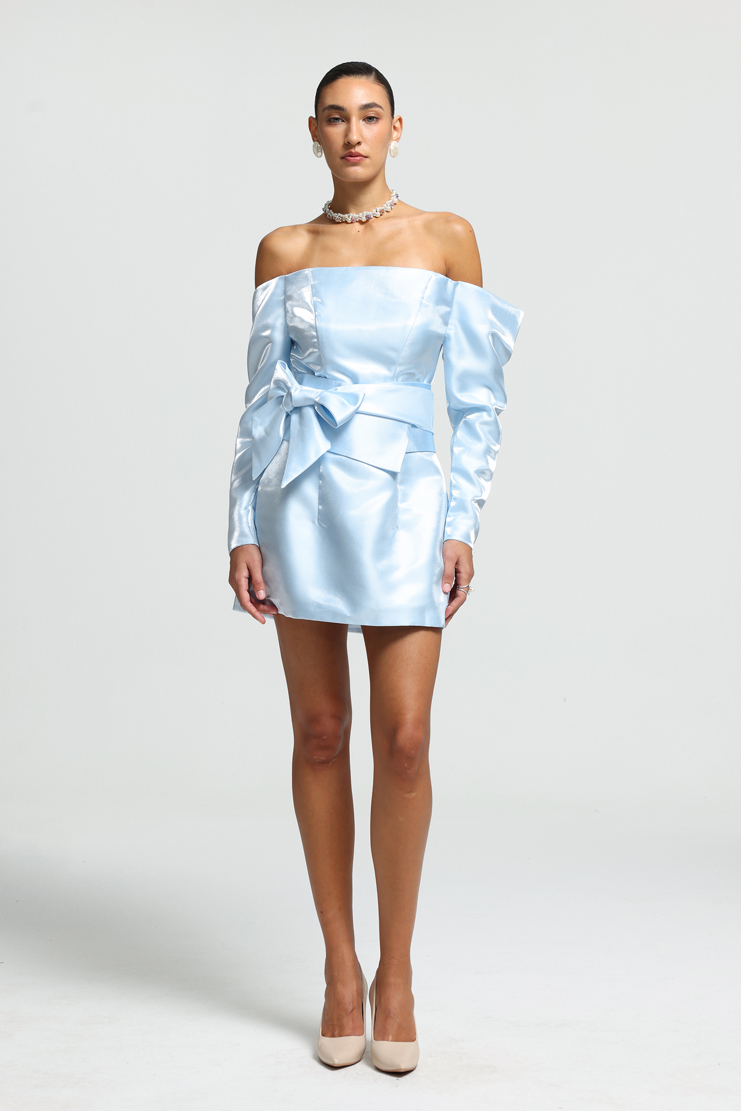 Oversized Bow Off-Shoulder Satin Mini Dress