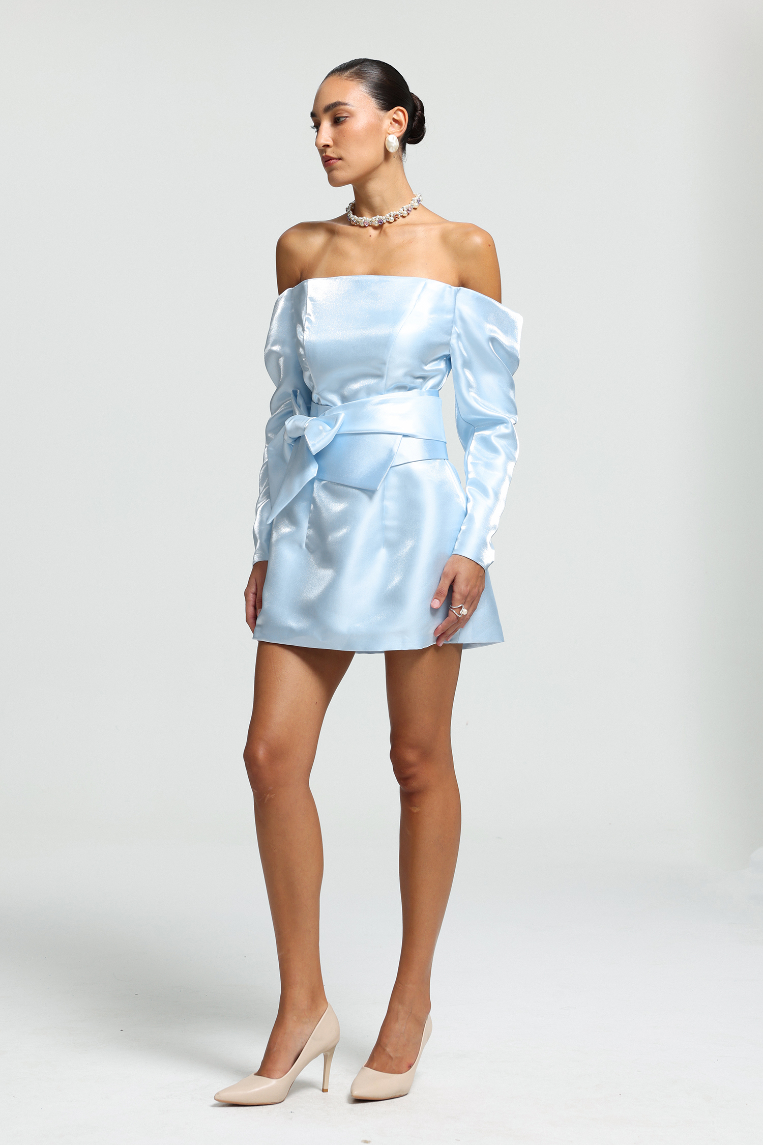Oversized Bow Off-Shoulder Satin Mini Dress