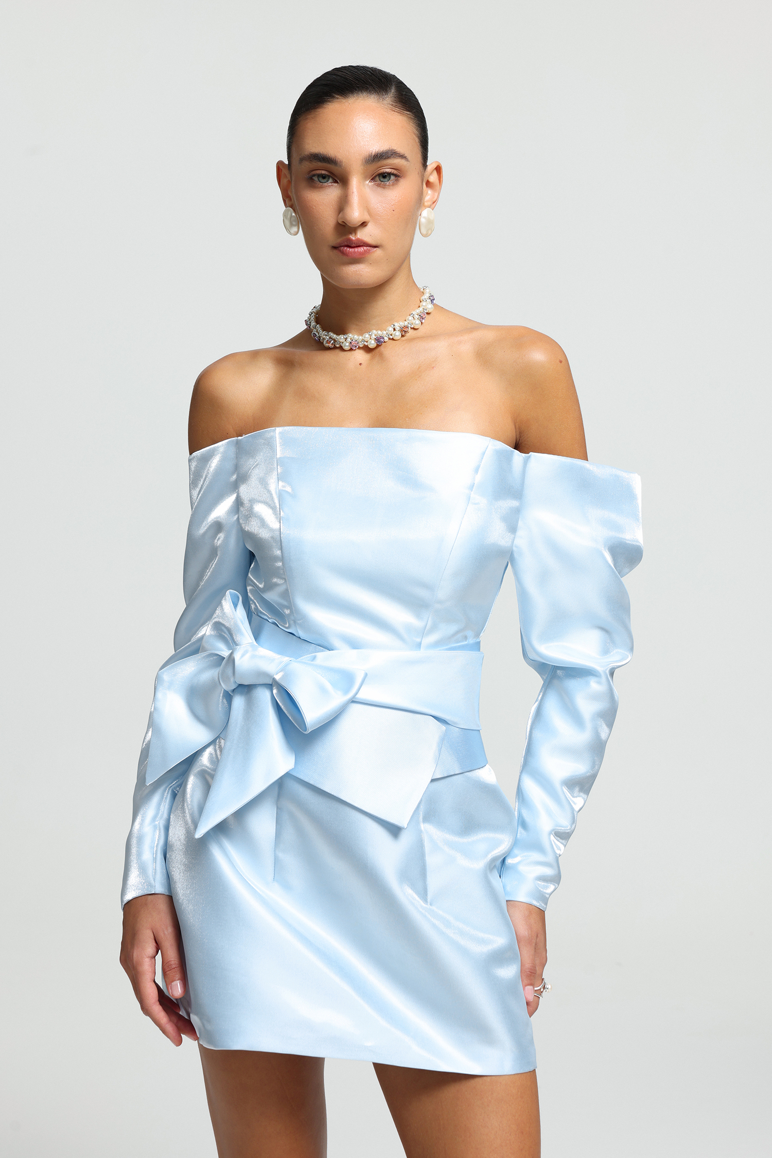 Oversized Bow Off-Shoulder Satin Mini Dress