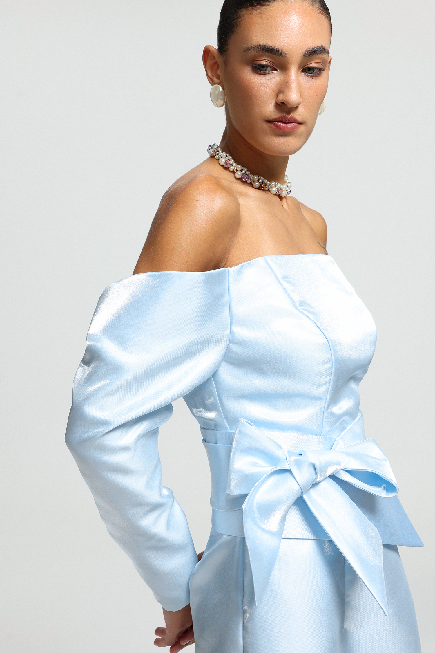 Oversized Bow Off-Shoulder Satin Mini Dress