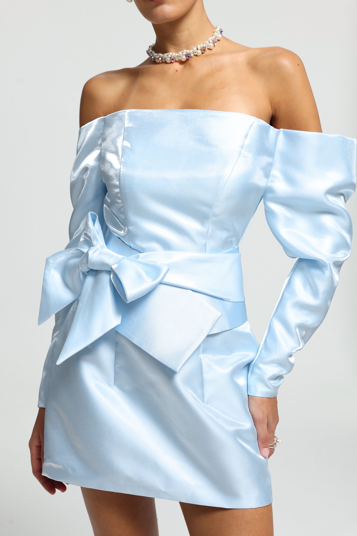 Oversized Bow Off-Shoulder Satin Mini Dress