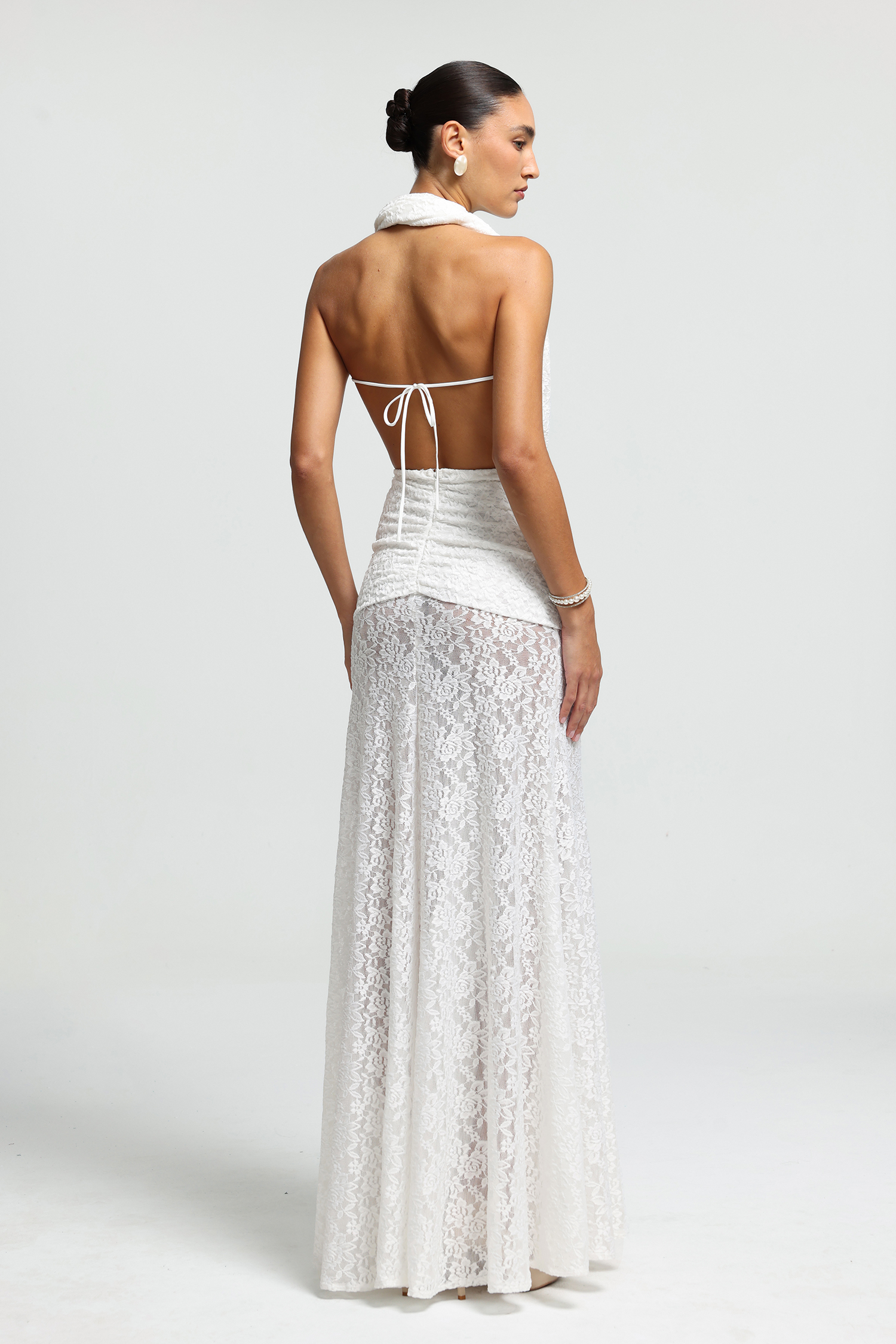 Plunging Halter Sash Lace Maxi Dress