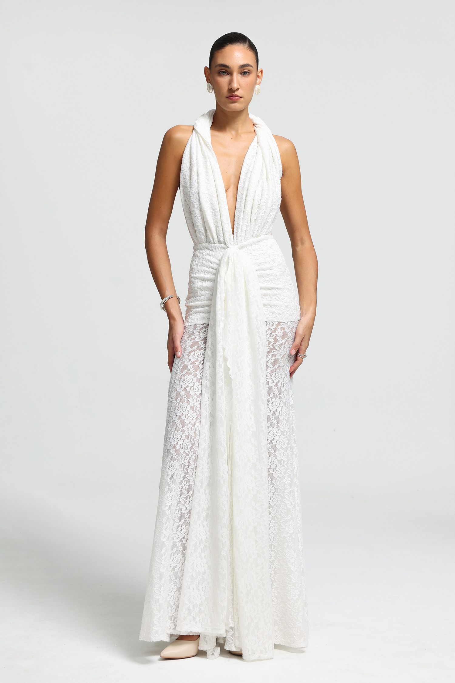 Plunging Halter Sash Lace Maxi Dress