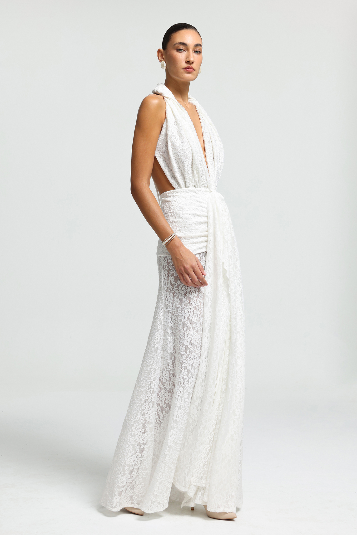 Plunging Halter Sash Lace Maxi Dress
