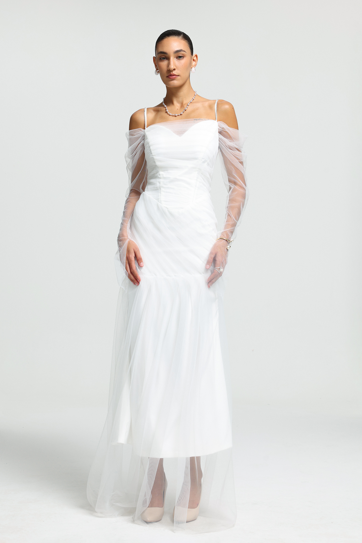 Rhinestone Strap Sheer Tulle Maxi Dress