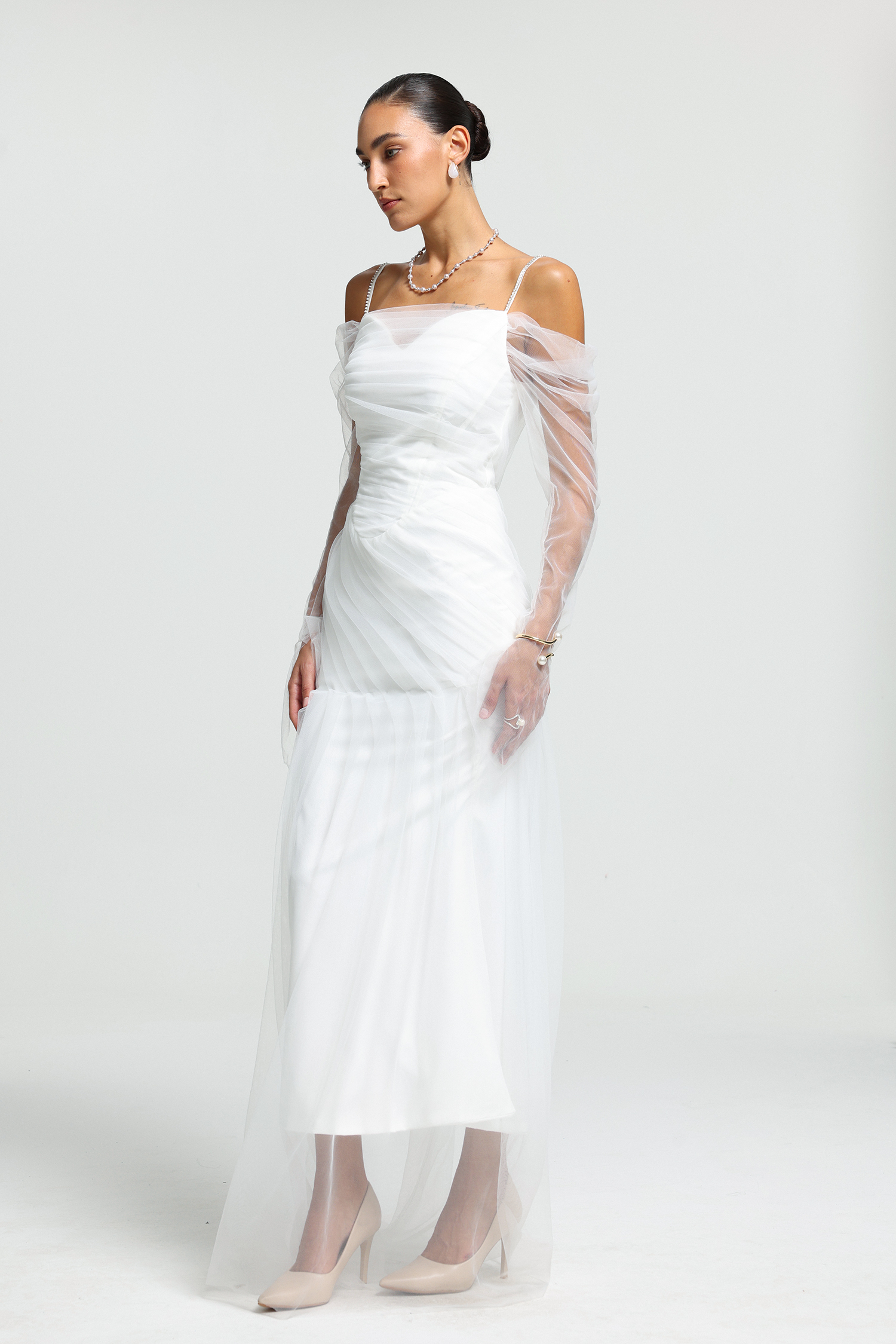 Rhinestone Strap Sheer Tulle Maxi Dress