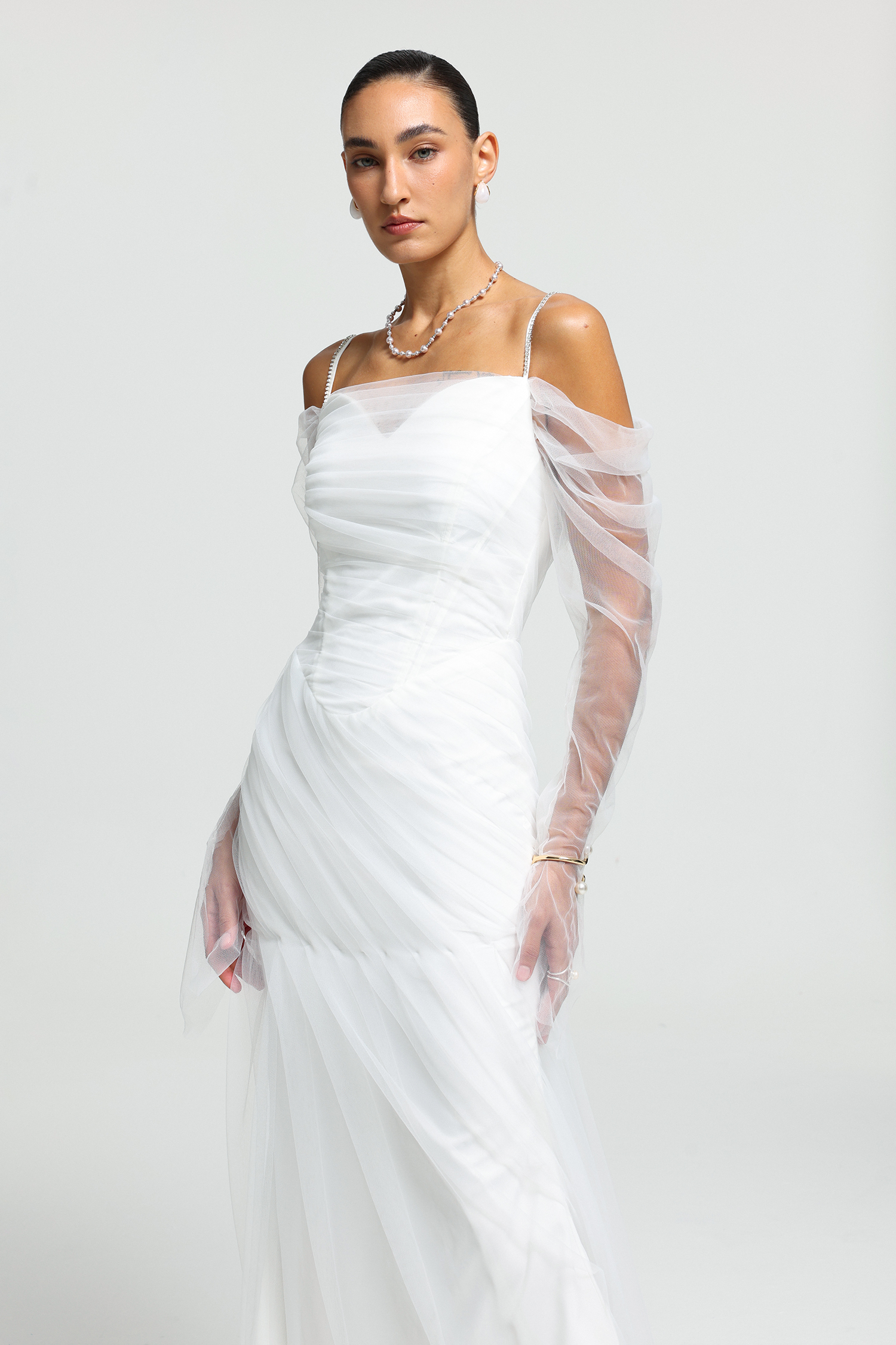 Rhinestone Strap Sheer Tulle Maxi Dress