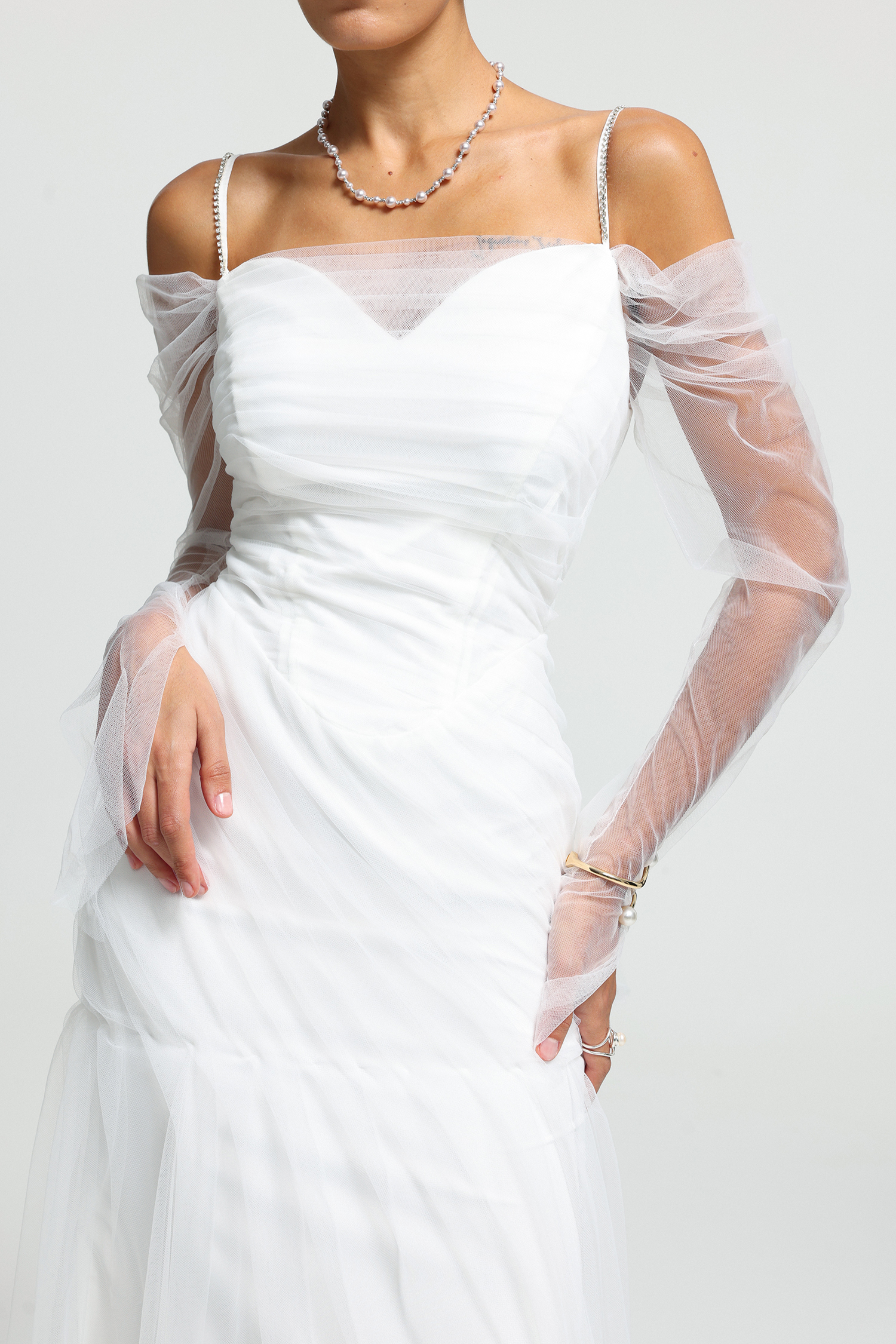 Rhinestone Strap Sheer Tulle Maxi Dress