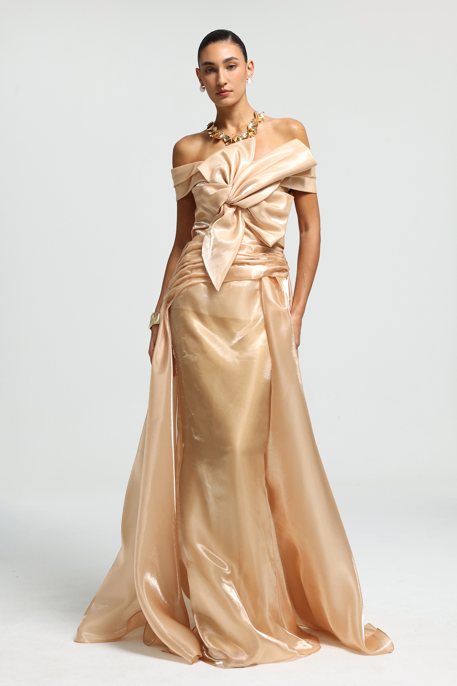 Off-Shoulder Sculpted Bow Maxi Dress
