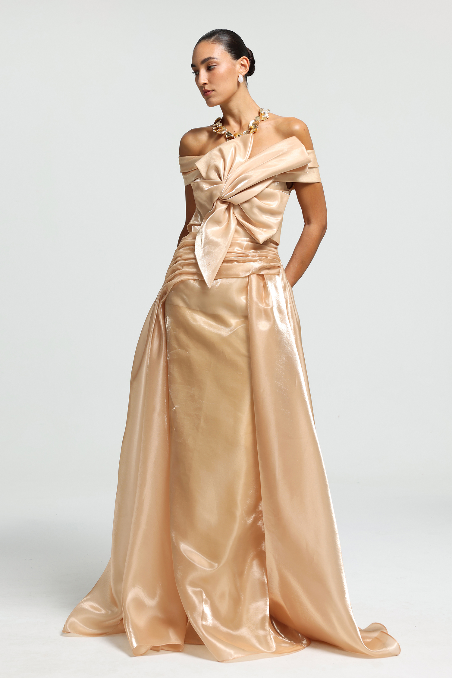 Off-Shoulder Sculpted Bow Maxi Dress