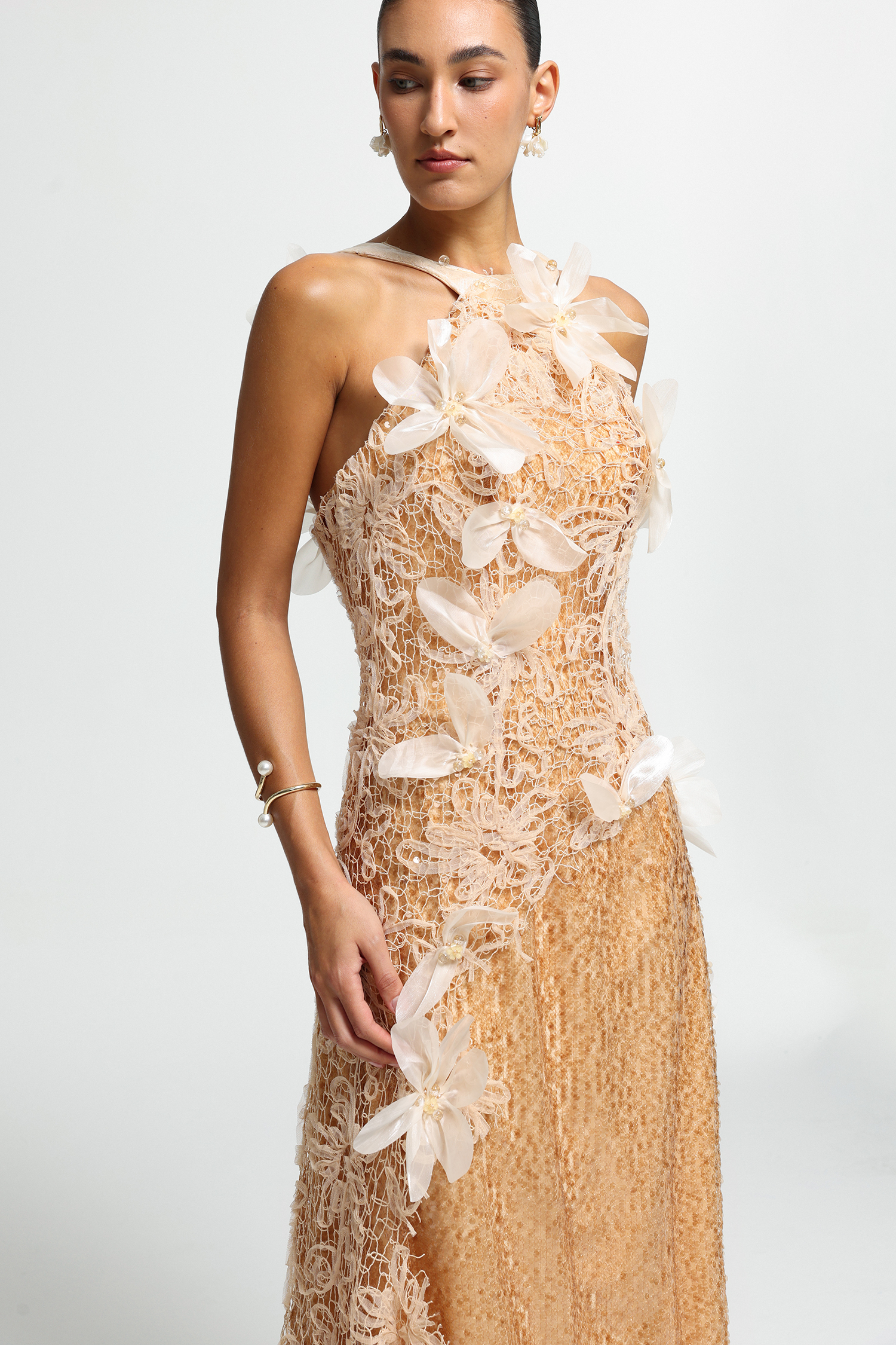 3D Floral Sequin Lace-Up Maxi Dress