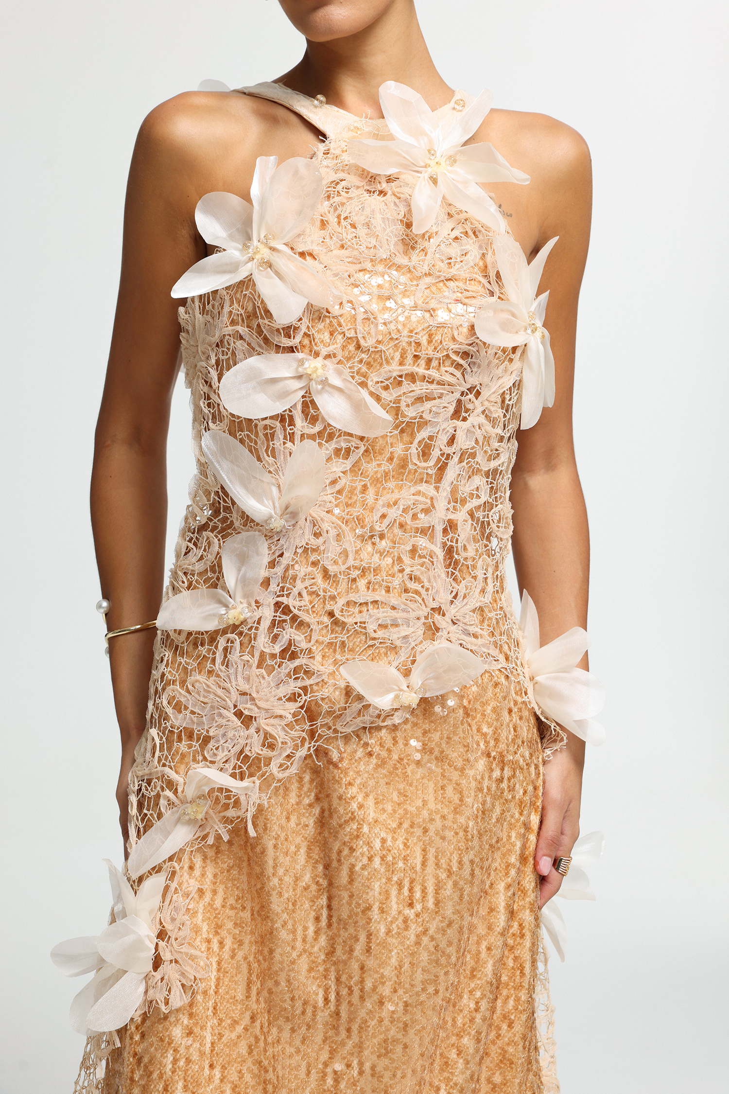 3D Floral Sequin Lace-Up Maxi Dress