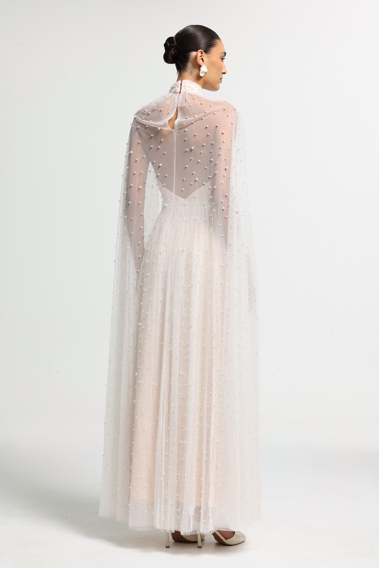 Pearl Cape High-Neck Maxi Dress