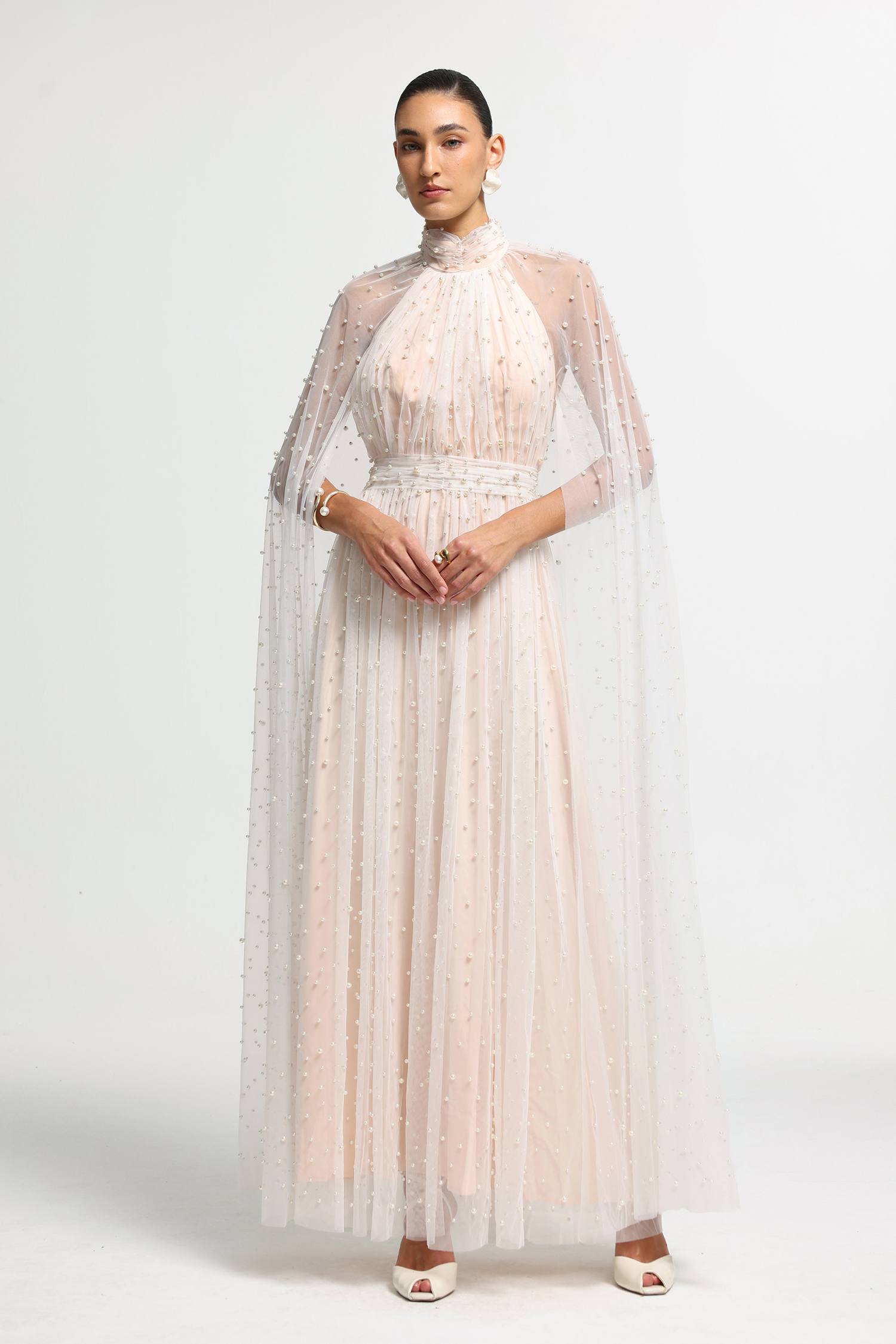 Pearl Cape High-Neck Maxi Dress