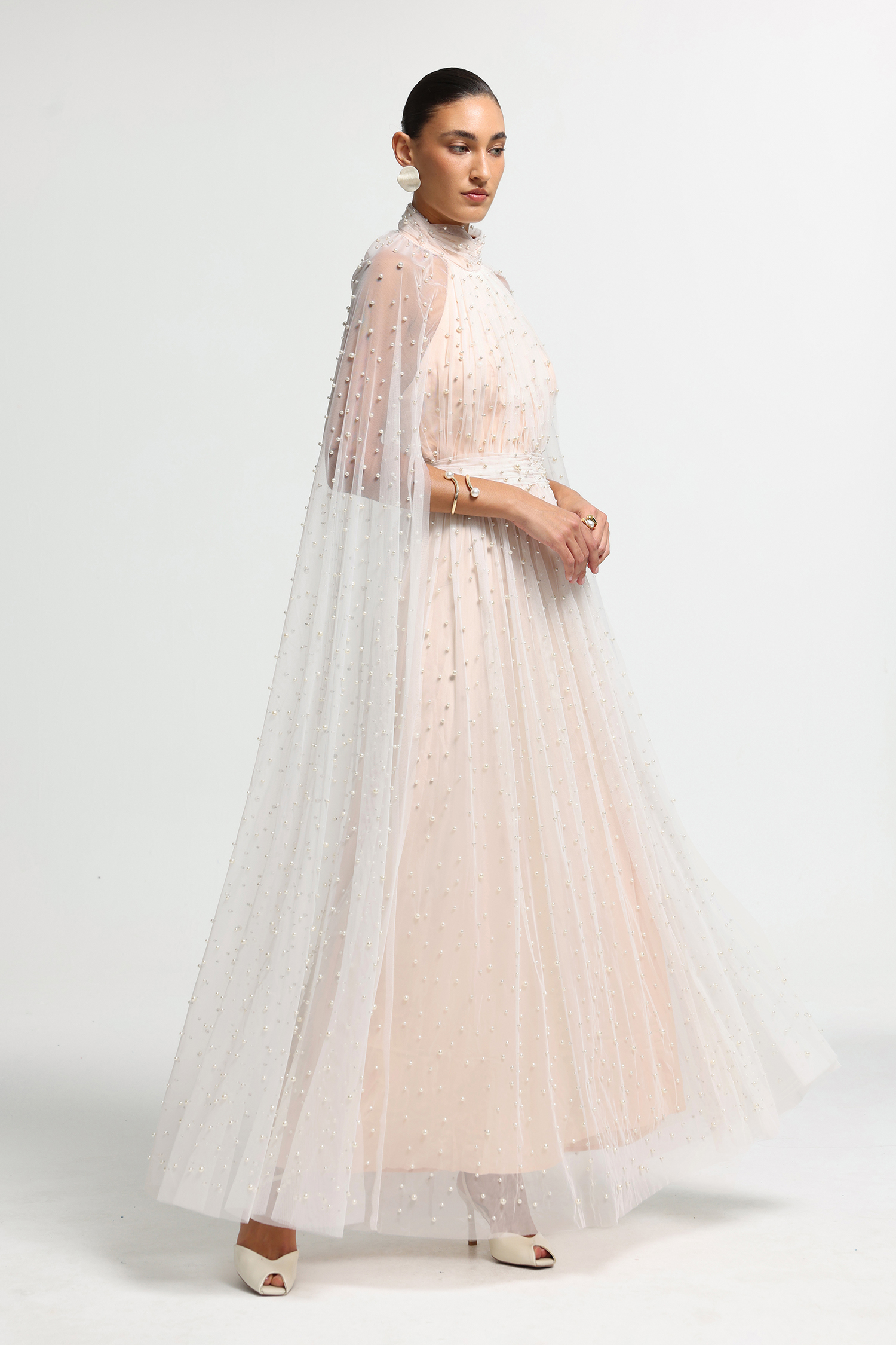 Pearl Cape High-Neck Maxi Dress