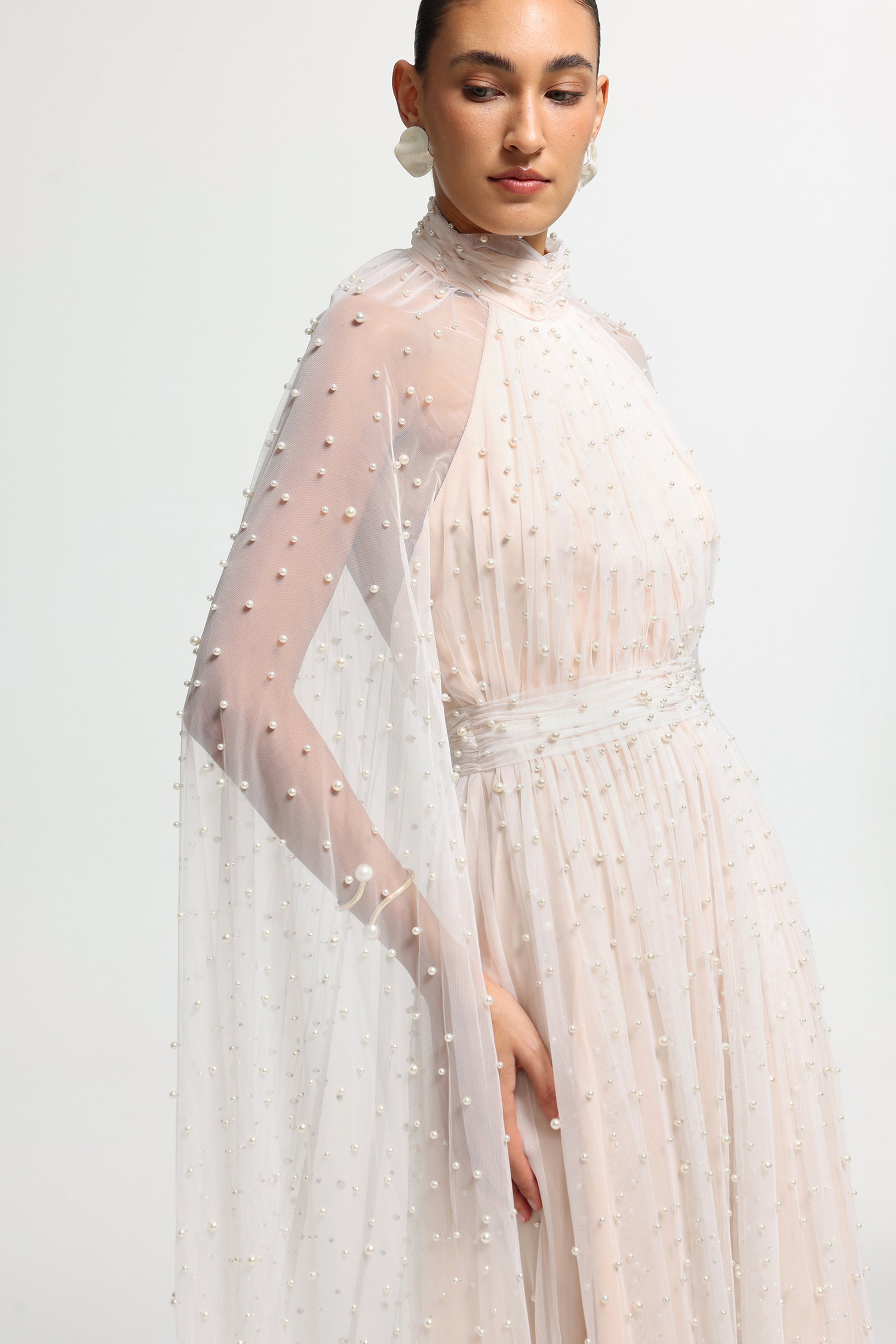 Pearl Cape High-Neck Maxi Dress