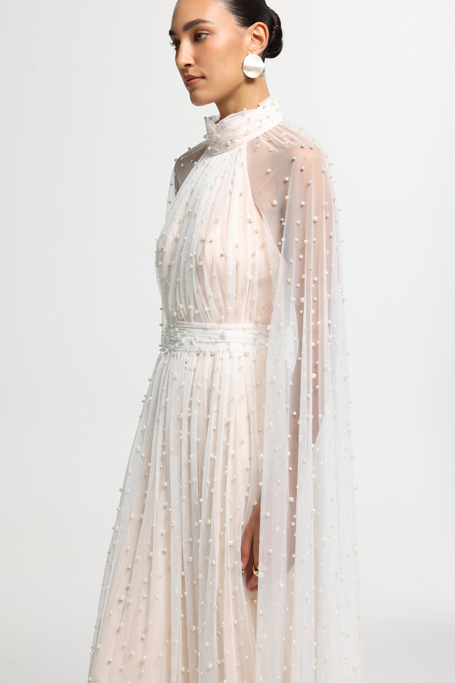 Pearl Cape High-Neck Maxi Dress