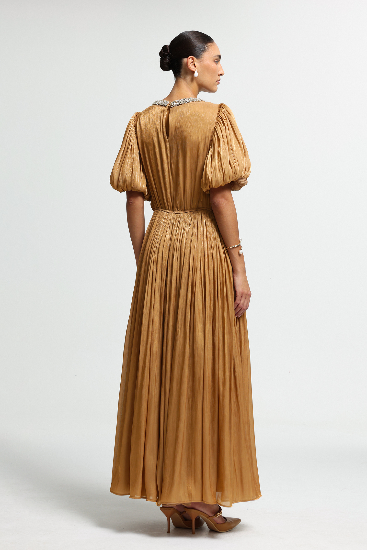Crossover Pleated Puff-Sleeve Maxi Dress