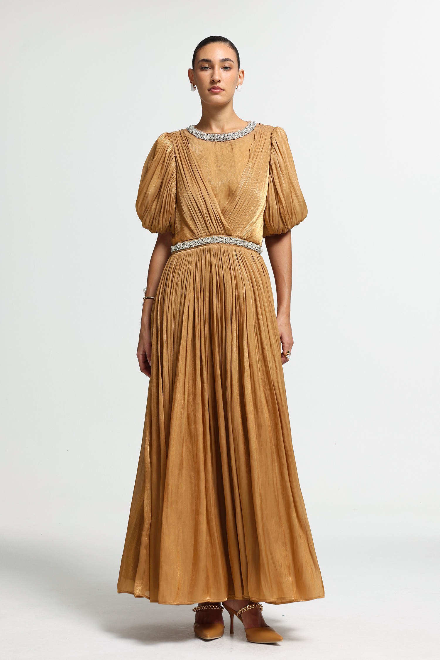 Crossover Pleated Puff-Sleeve Maxi Dress