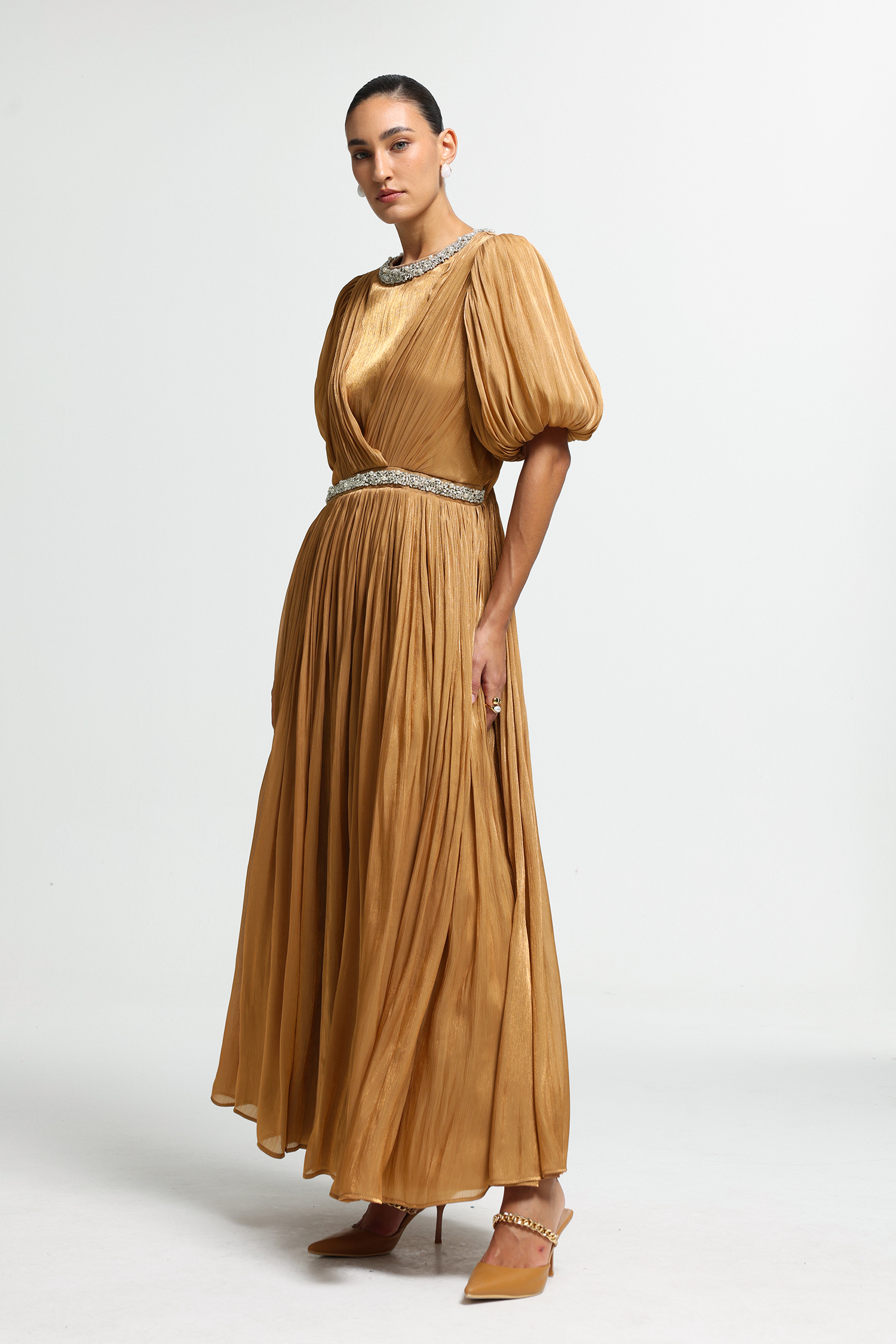 Crossover Pleated Puff-Sleeve Maxi Dress
