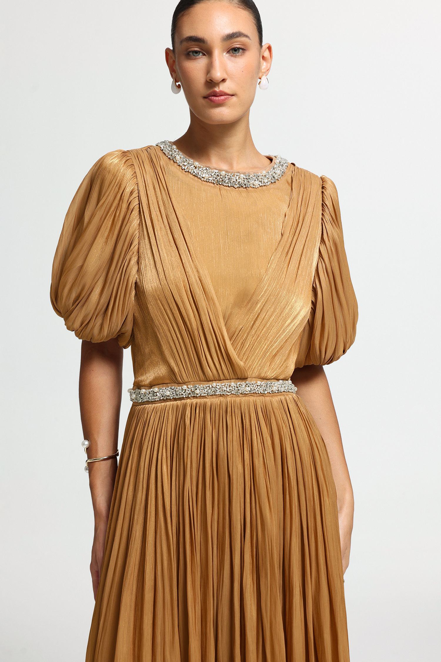 Crossover Pleated Puff-Sleeve Maxi Dress