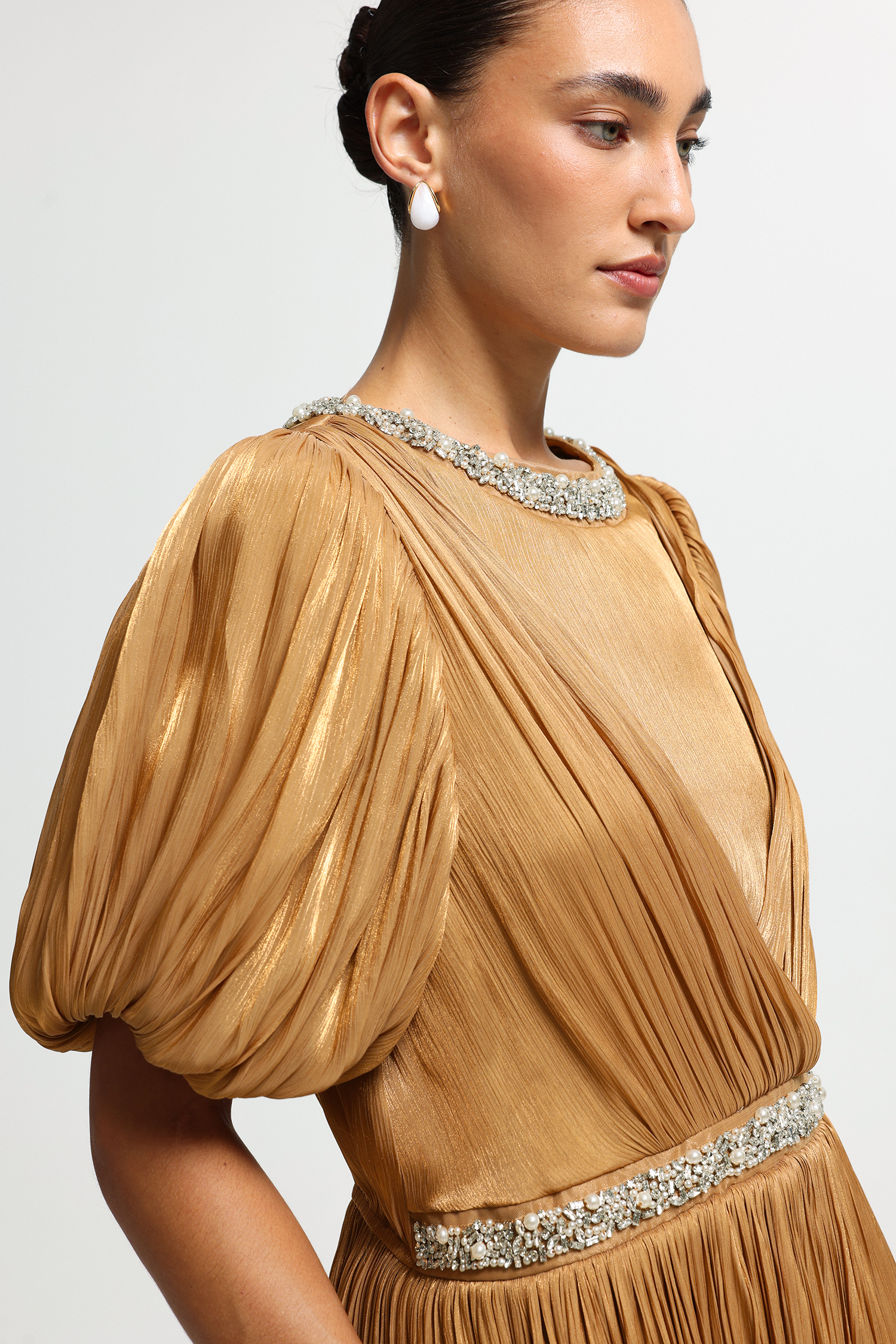 Crossover Pleated Puff-Sleeve Maxi Dress