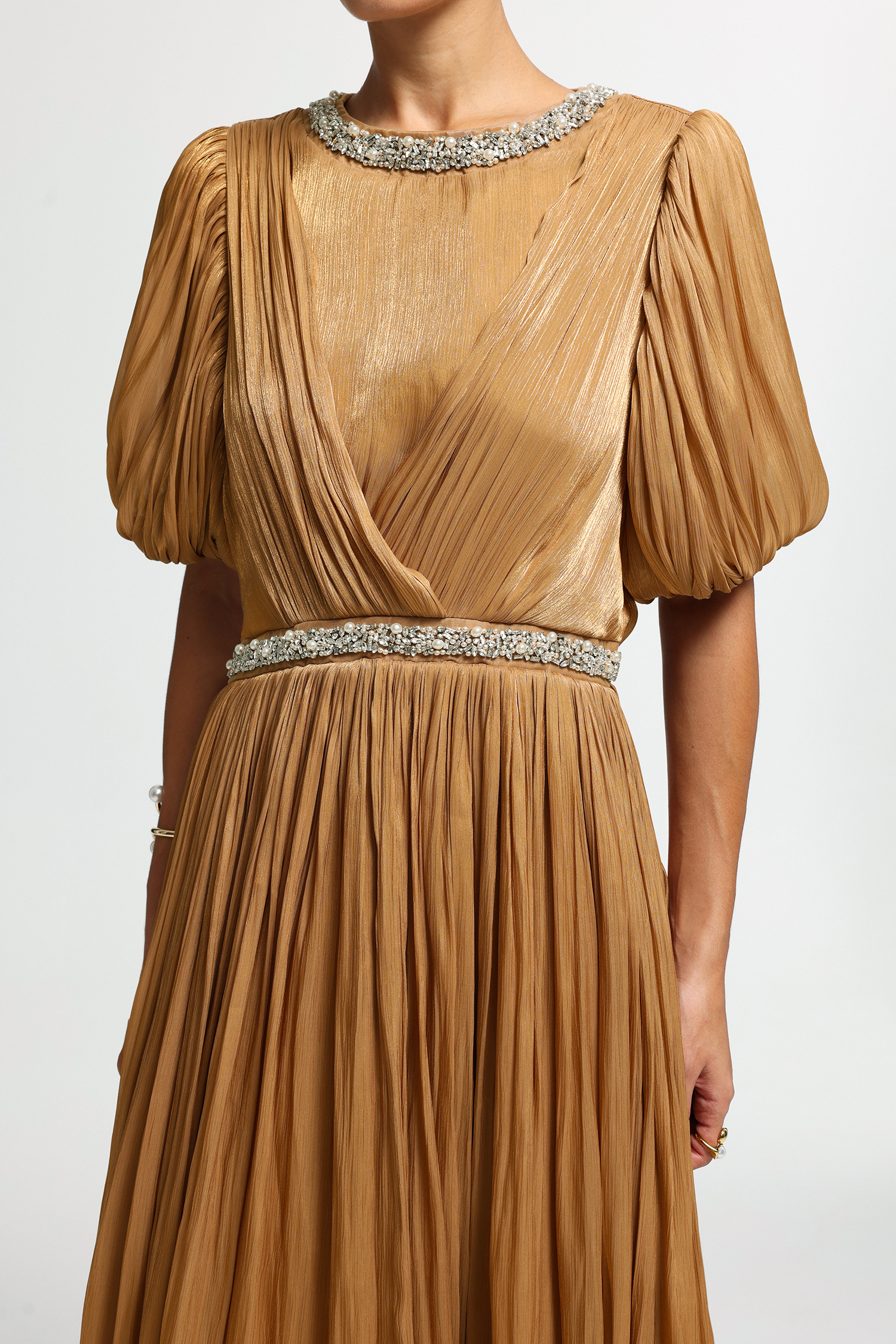 Crossover Pleated Puff-Sleeve Maxi Dress