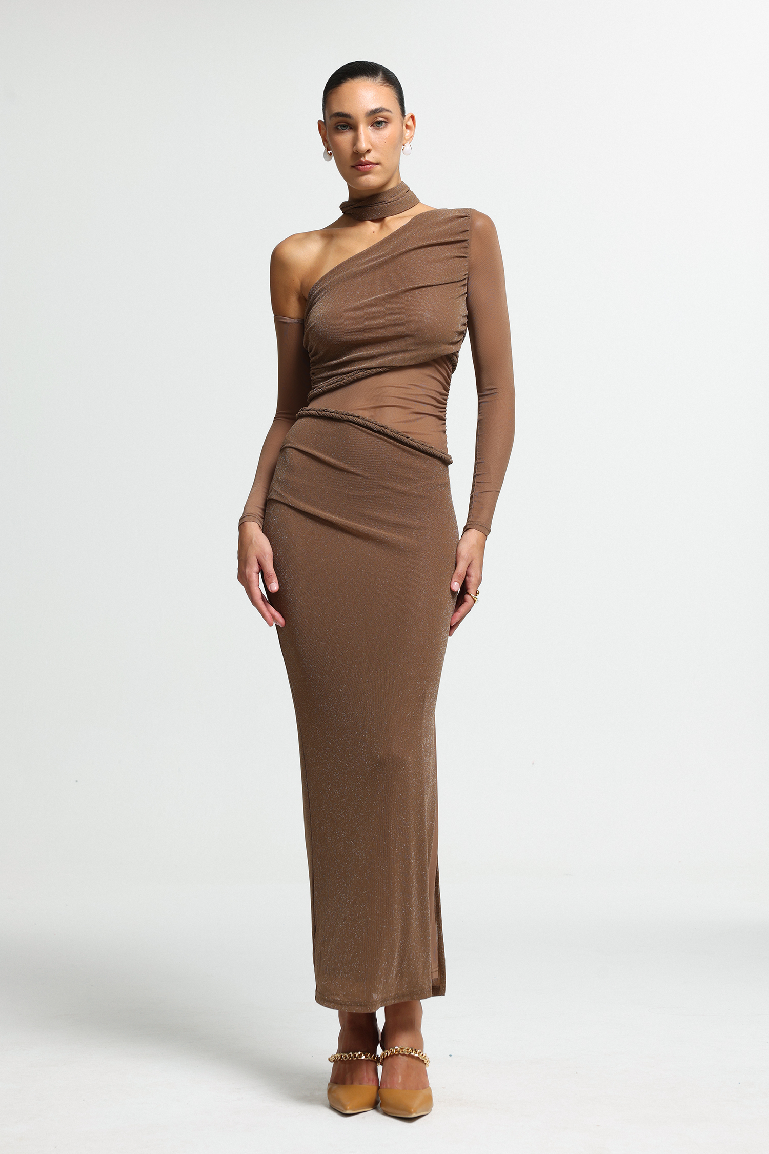 Braided Waist Scarf One-Shoulder Maxi Dress