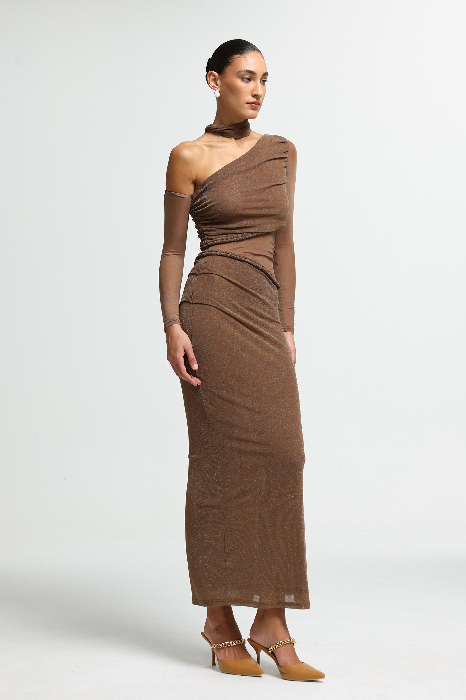 Braided Waist Scarf One-Shoulder Maxi Dress