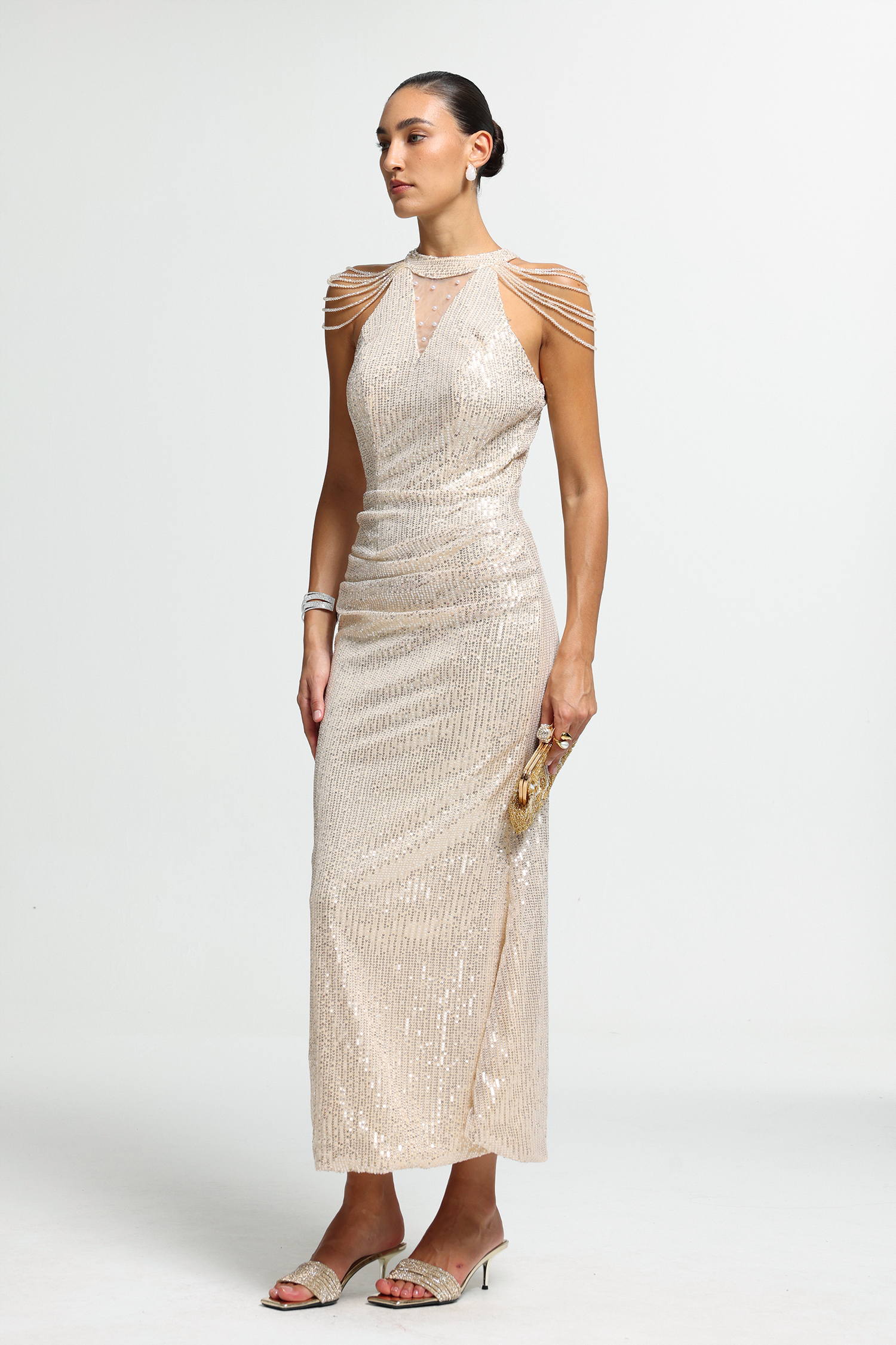 Beaded Shoulder Sequin Maxi Dress