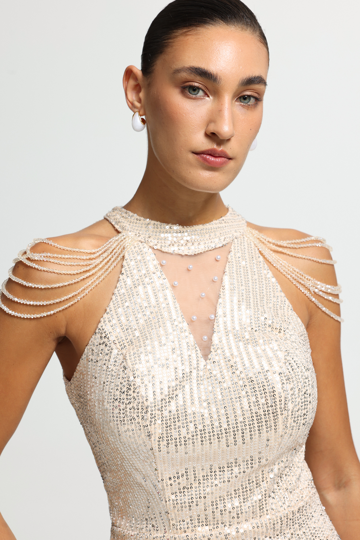 Beaded Shoulder Sequin Maxi Dress
