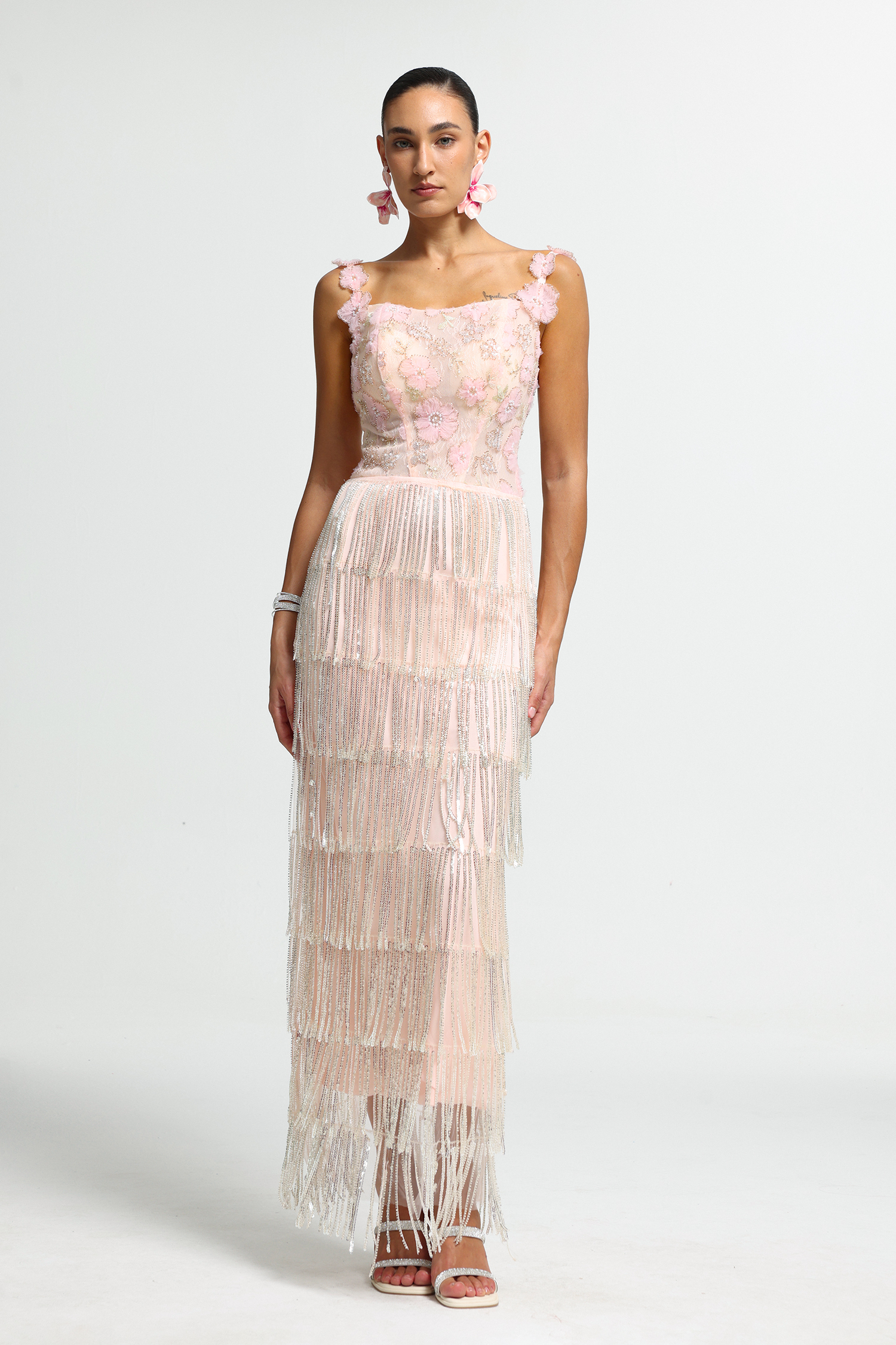 3D Floral Beaded Fringe Maxi Dress
