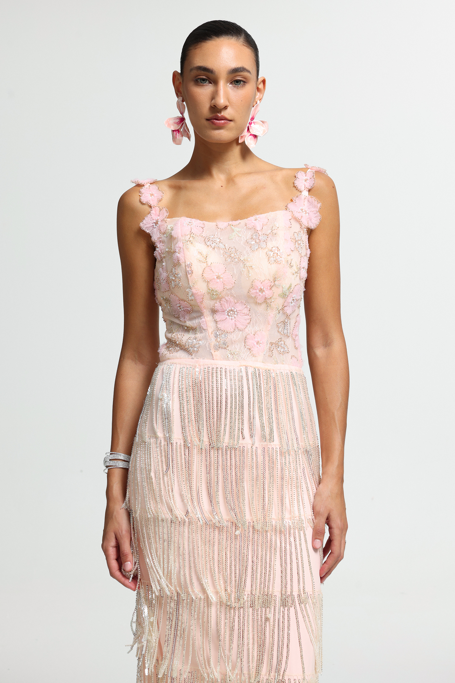 3D Floral Beaded Fringe Maxi Dress