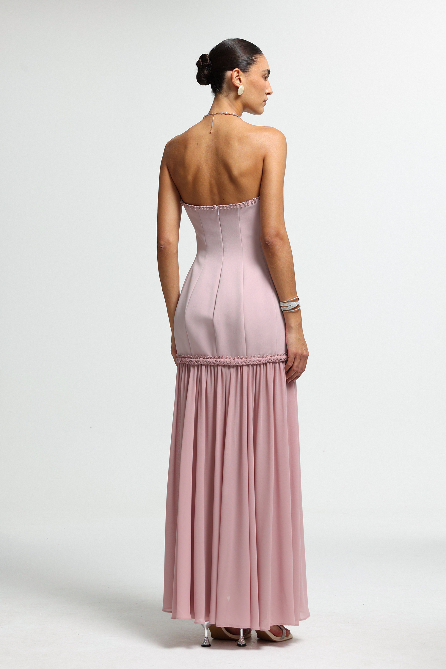 Braided Trim Strapless Chiffon Maxi Dress