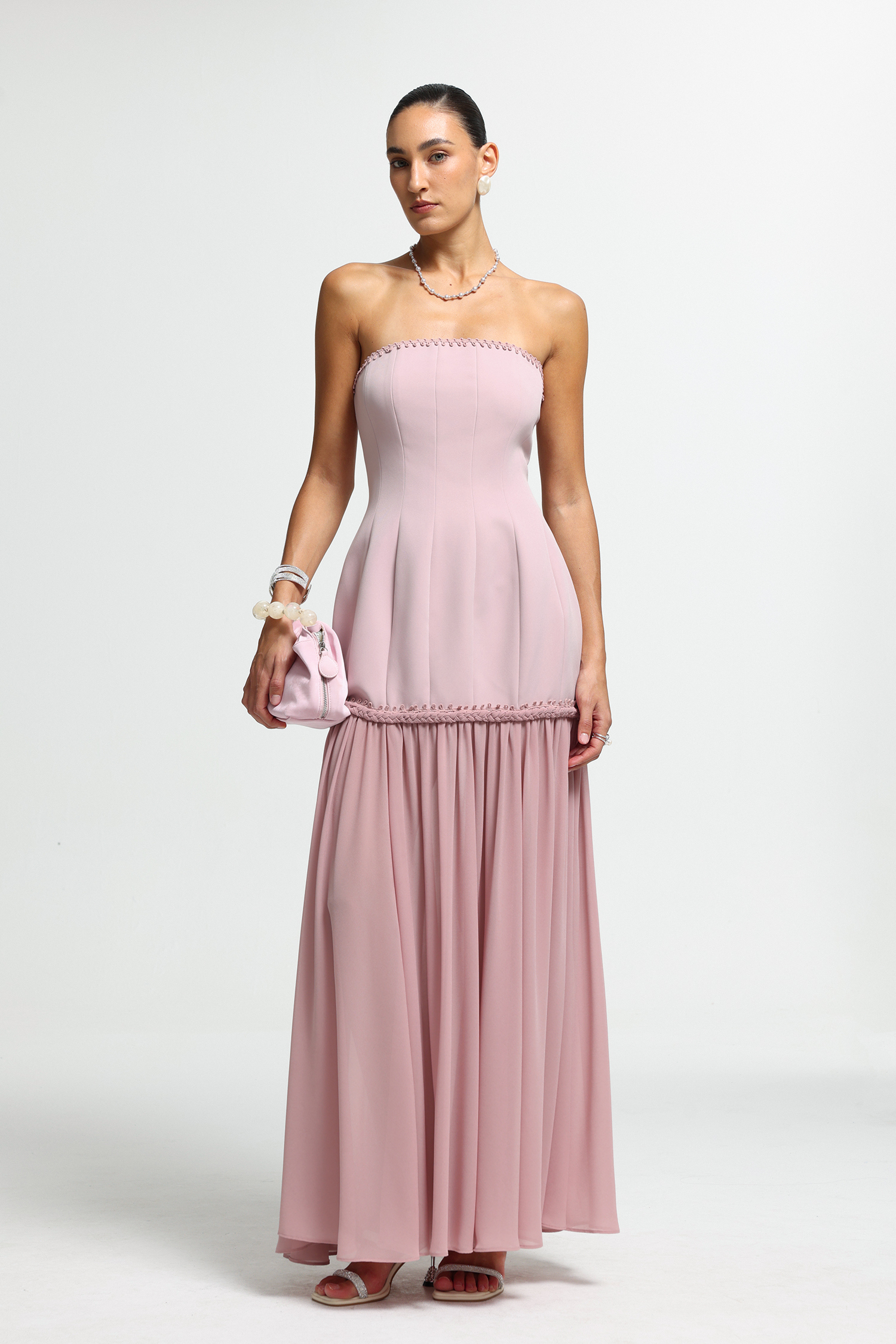 Braided Trim Strapless Chiffon Maxi Dress