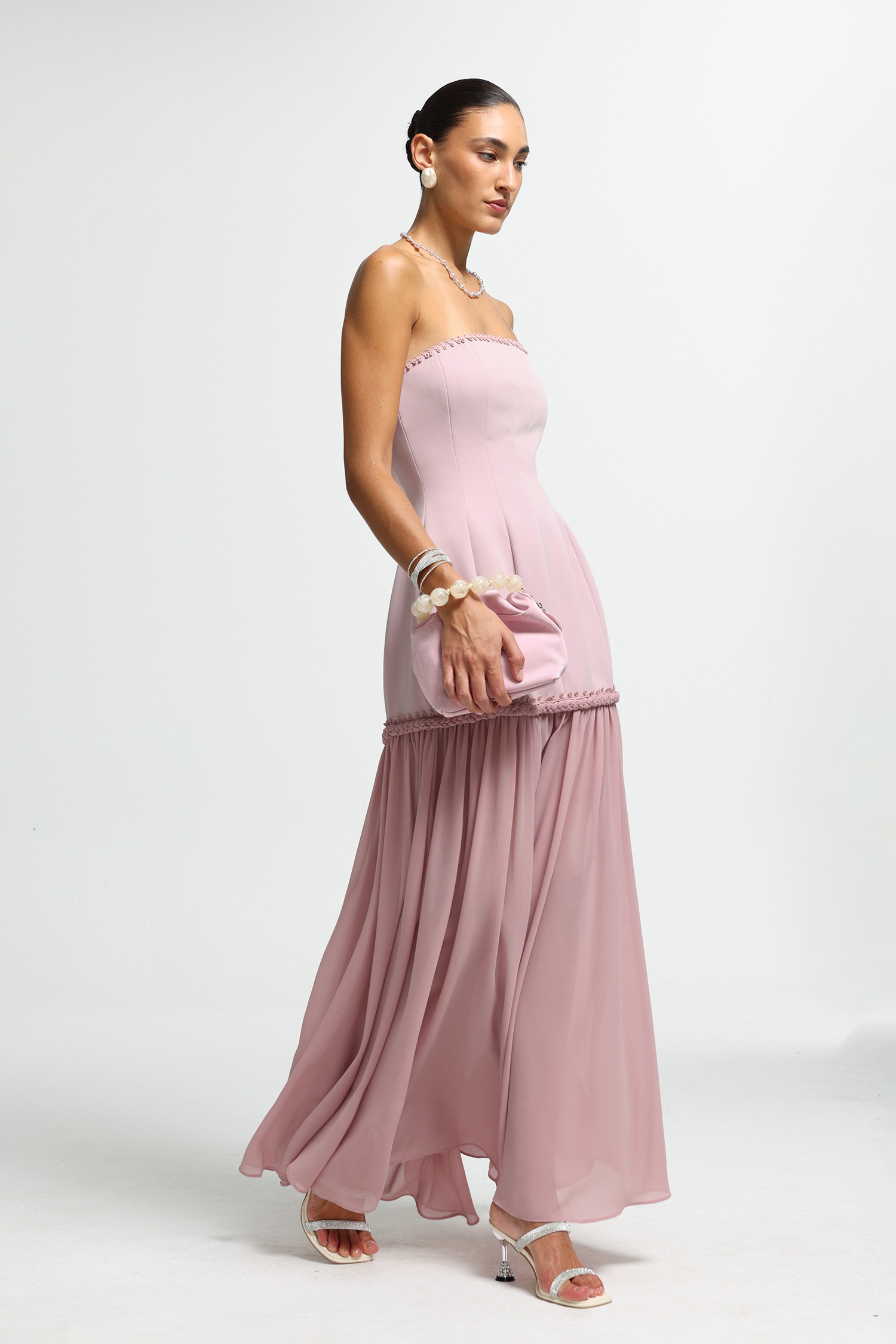 Braided Trim Strapless Chiffon Maxi Dress