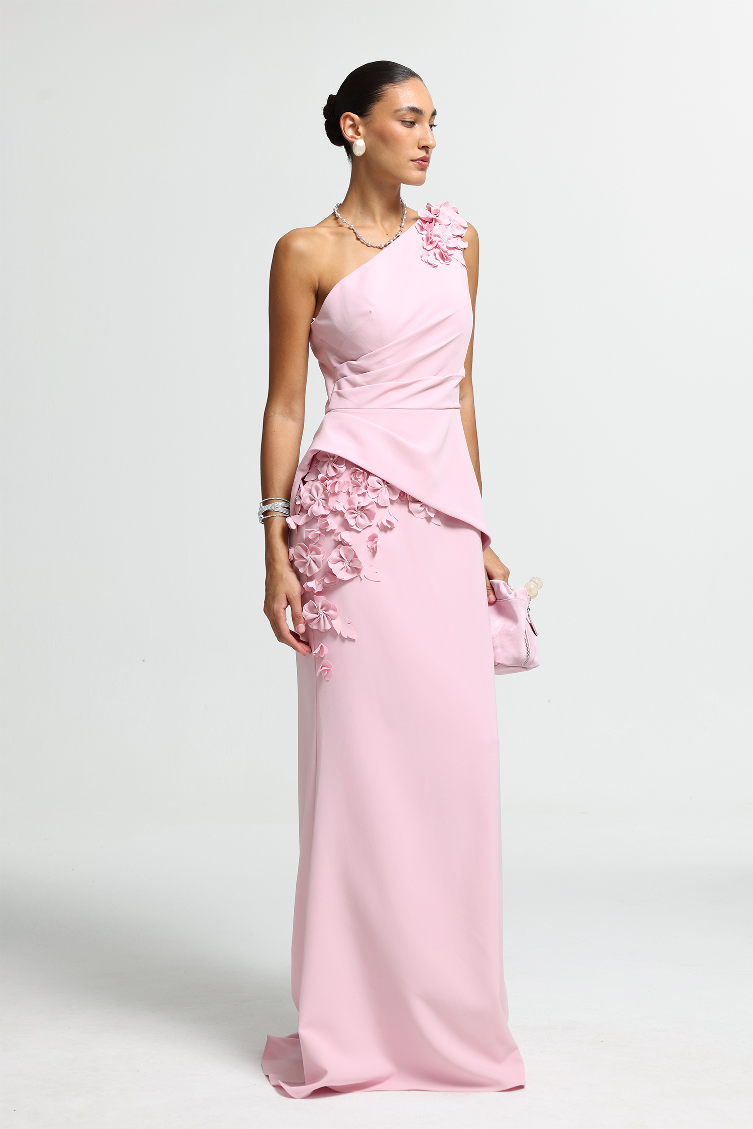 One-Shoulder 3D Floral Appliqué Maxi Dress