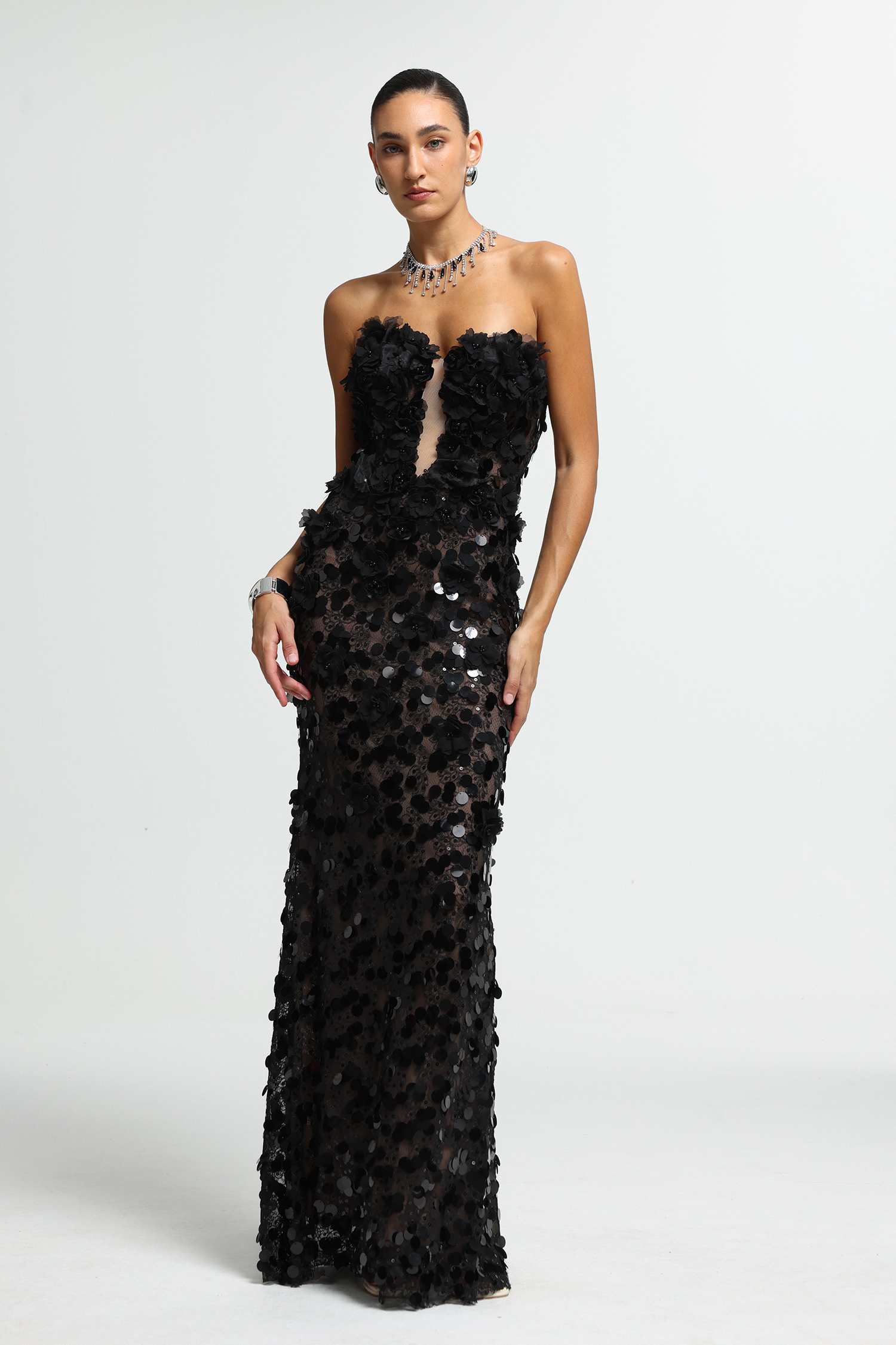 Sculpted Floral Sequin Maxi Dress