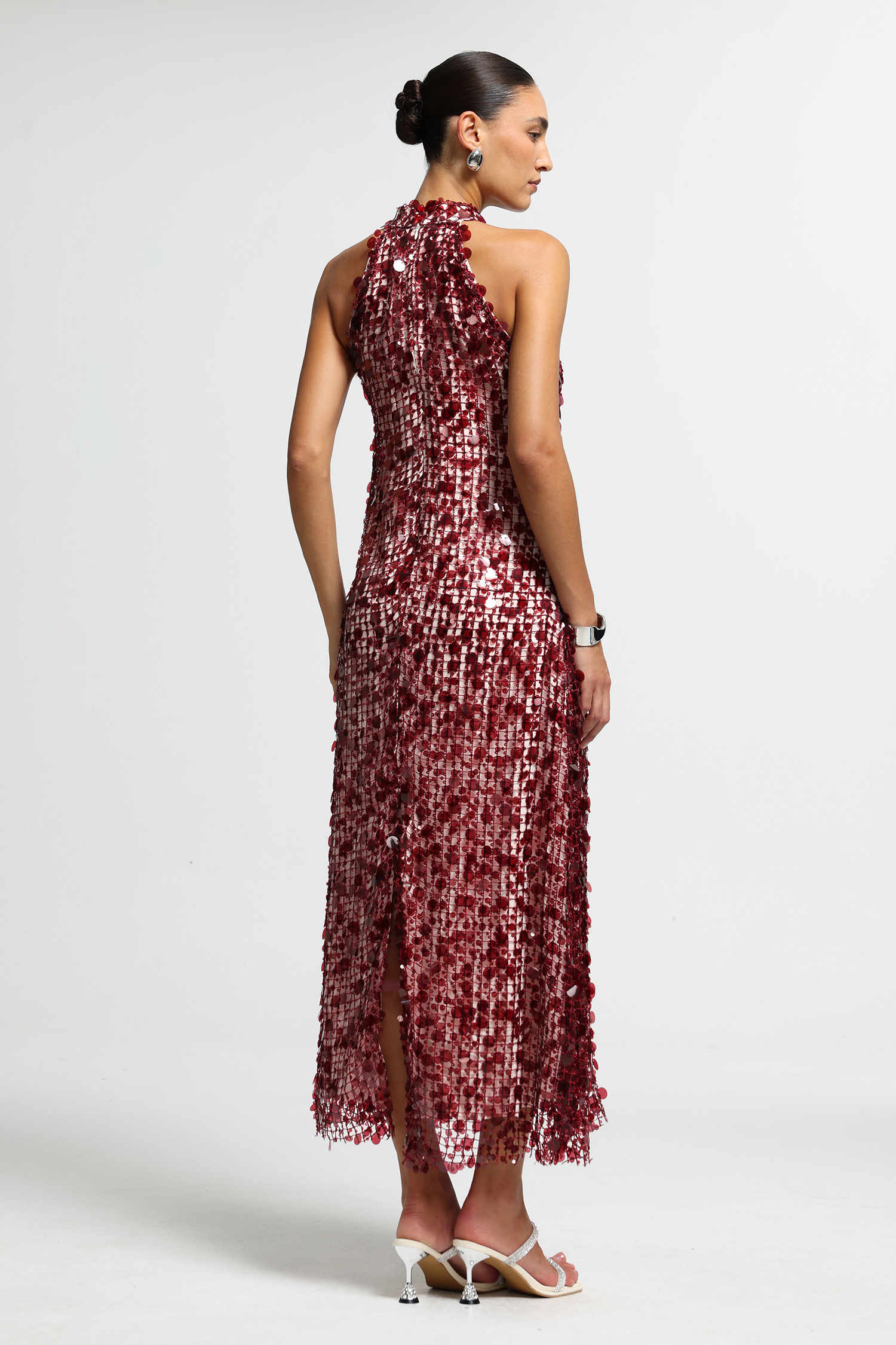 Halter Neck Disc Embellished Maxi Dress
